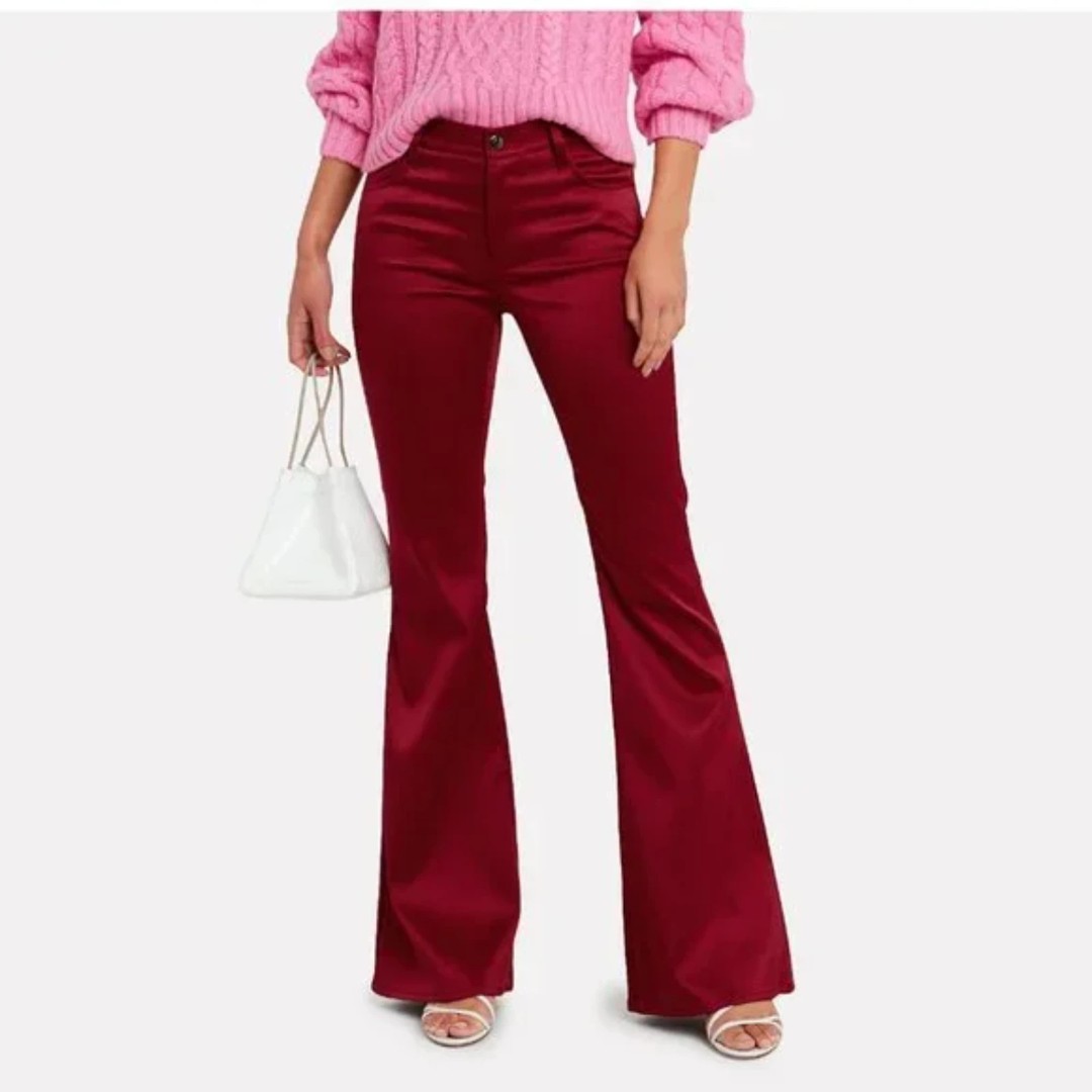 NWT J Brand Valentina Red Opium Satin Mid Rise Flare Wide Leg Pants Size 25