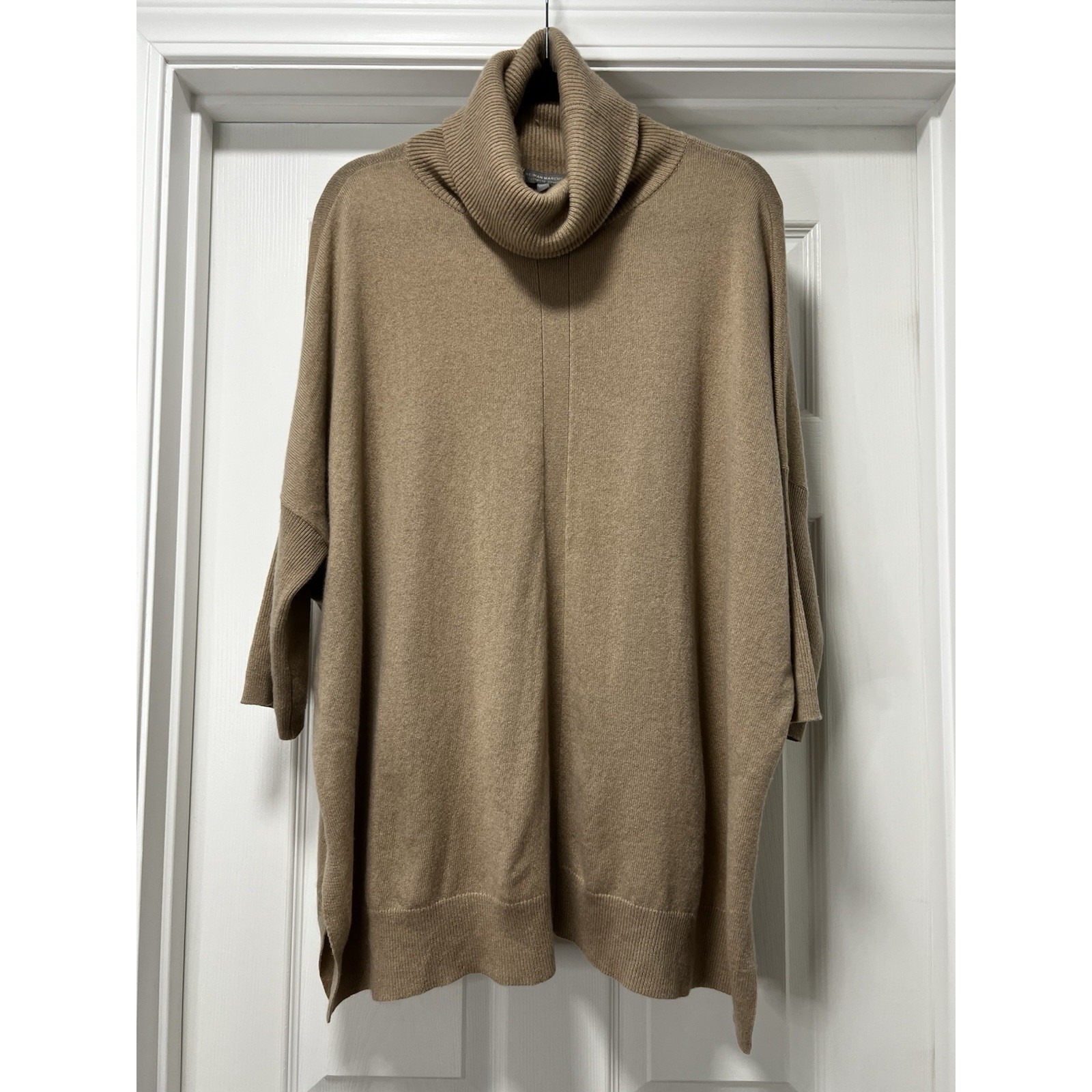 Neiman marcus 100% Cashmere cowl pull over camel tan sweater Medium/ Large