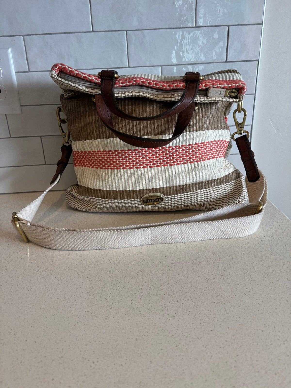 FOSSIL Explorer Foldover Crossbody Large Tote Cream Leather Pink Boho Handbag