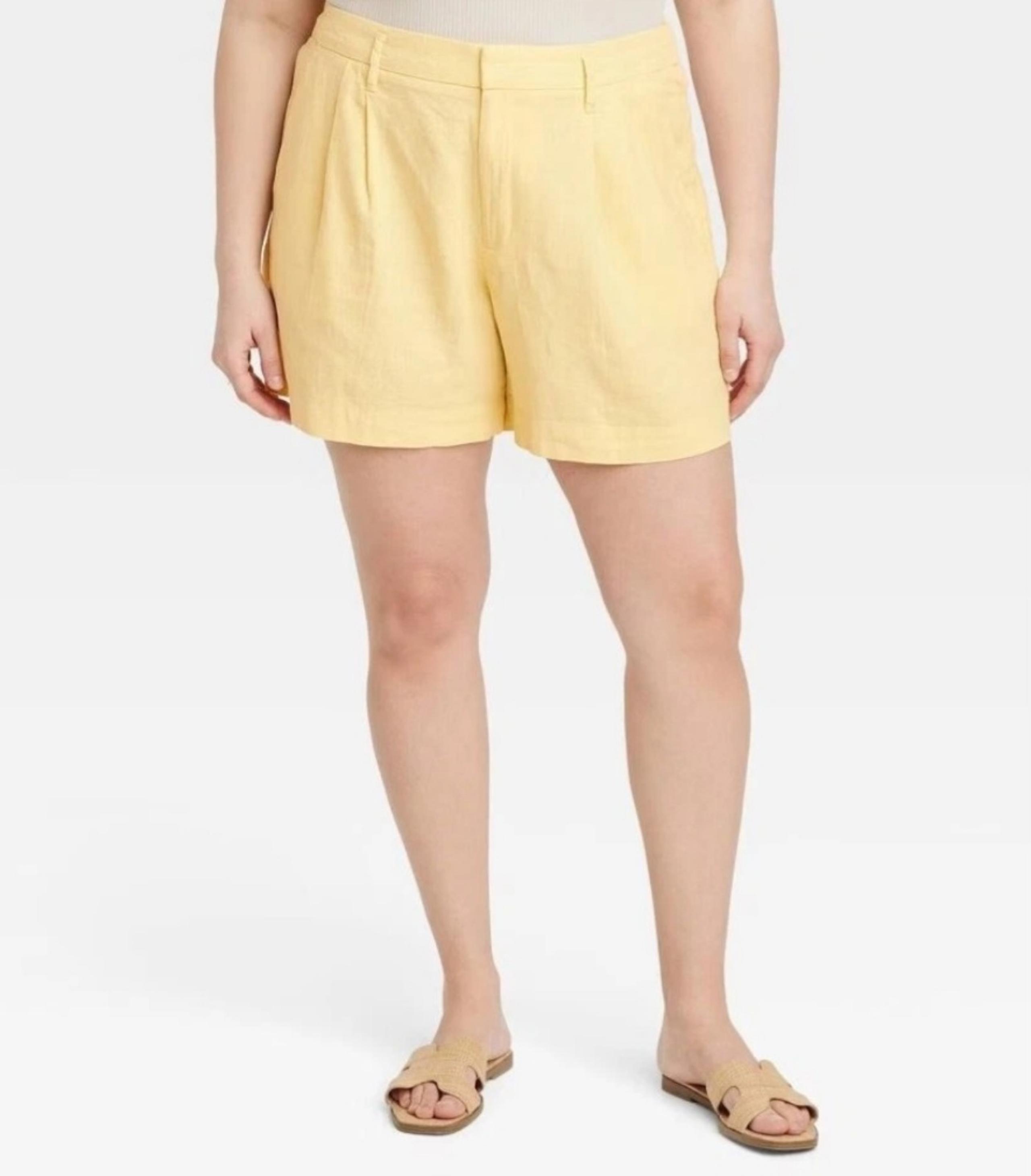 Women's High-Rise Linen Pleated Front Shorts - A New Day Yellow Size 16
