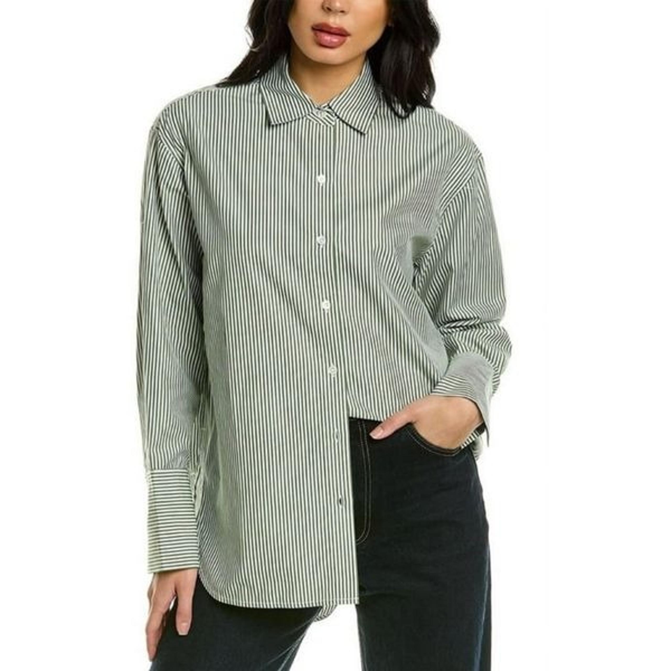 Rebecca Taylor Stripe Button Down Cotton Shirt in Green Stripe NWT Size Large
