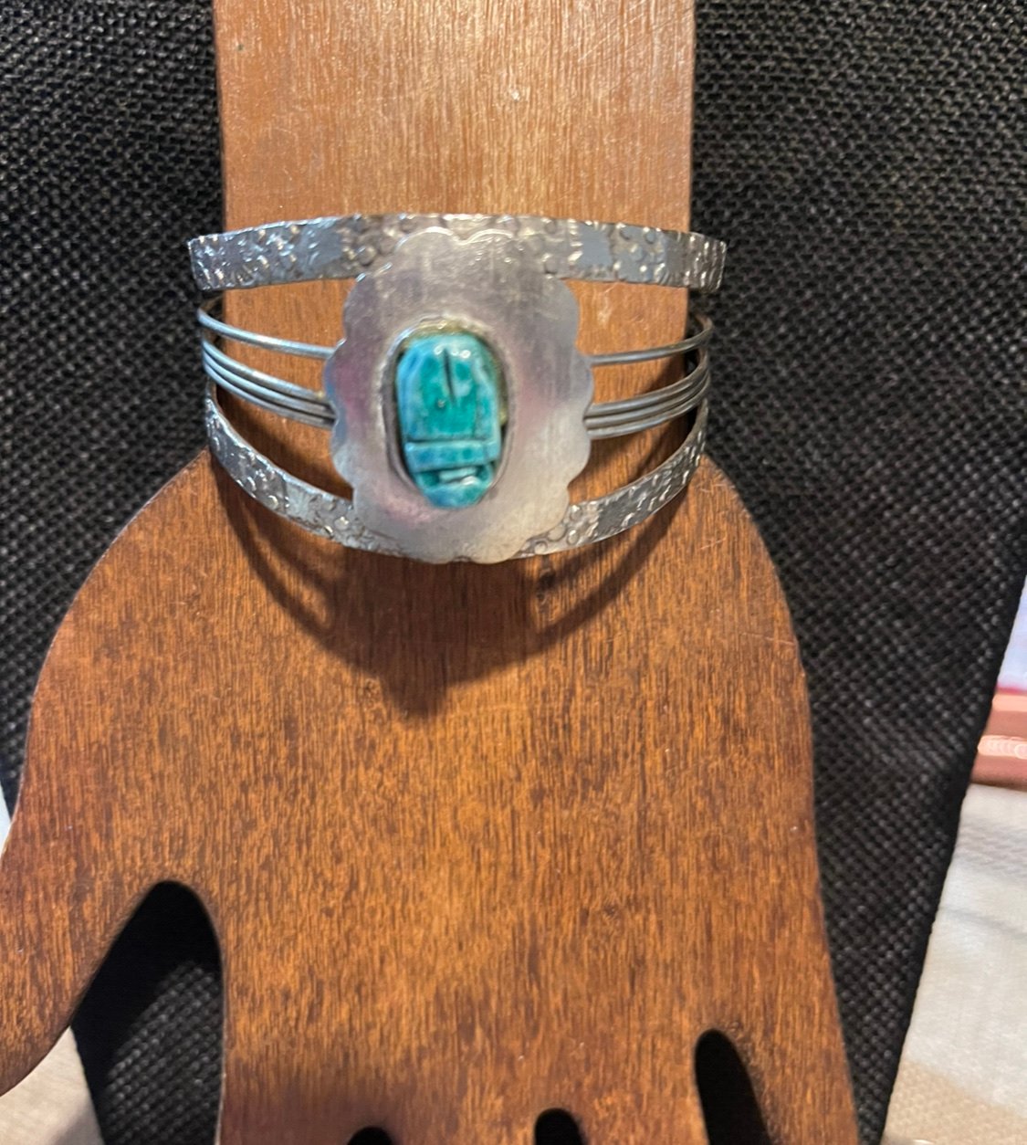 Wide Sterling Silver cuff bracelet with Turquoise Scarab Stone In The Middle Awe