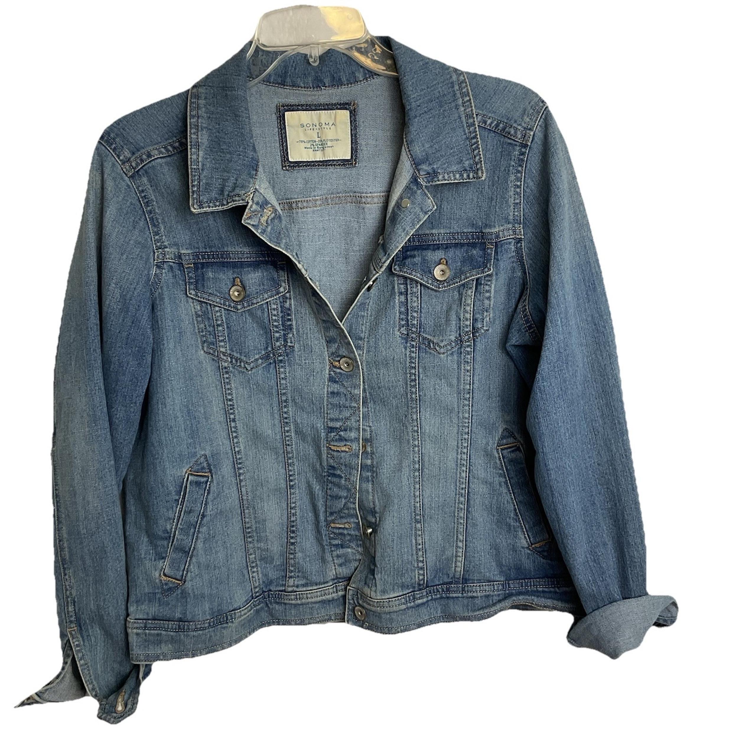 Sonoma Life + Style womens long sleeve button up blue jean jacket, Size LARGE