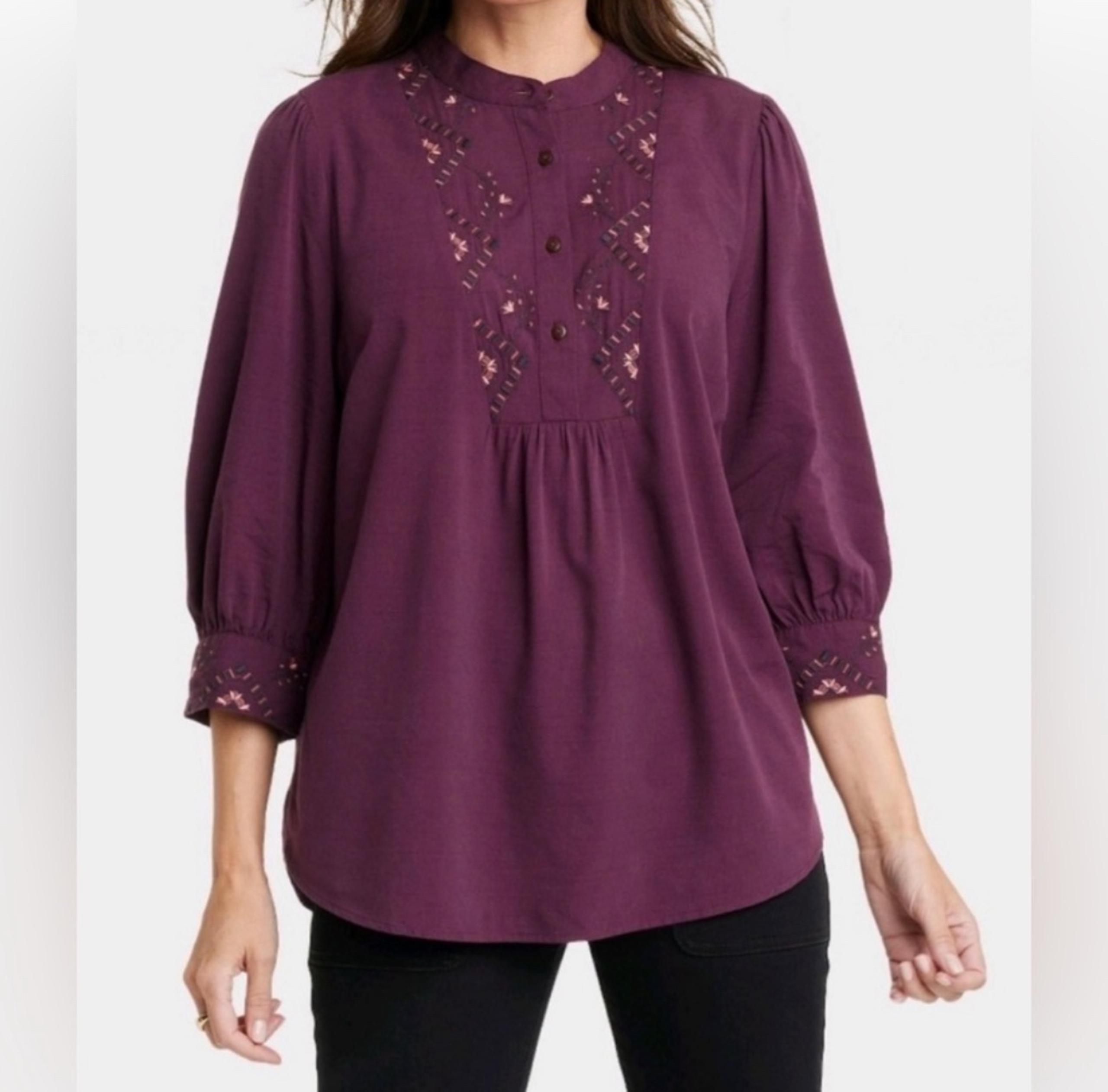 Knox Rose Blouse Women's Burgundy 3/4 Sleeve Embroidery Popover Size S