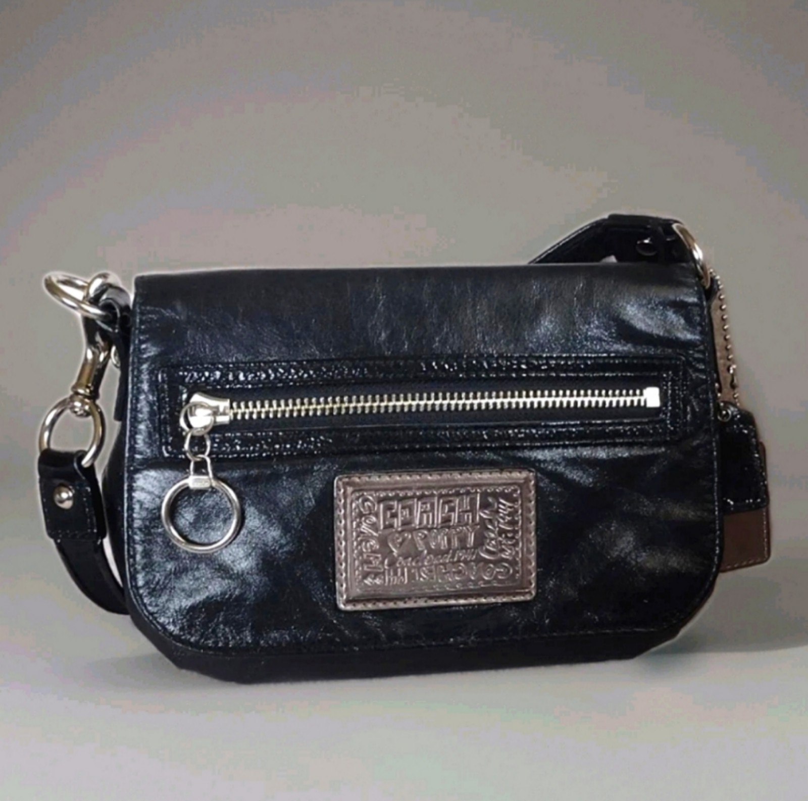 Coach Poppy Glossy Black Liquid Leather Top Handle Mini Pouch Shoulder Bag Y2K