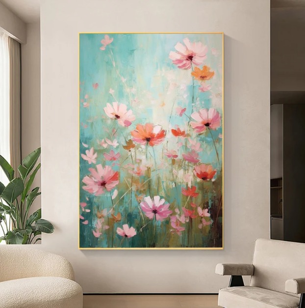 Original Pink Flower Oil Painting on Canvas, Modern Wall Art, Abstract Nature Fl