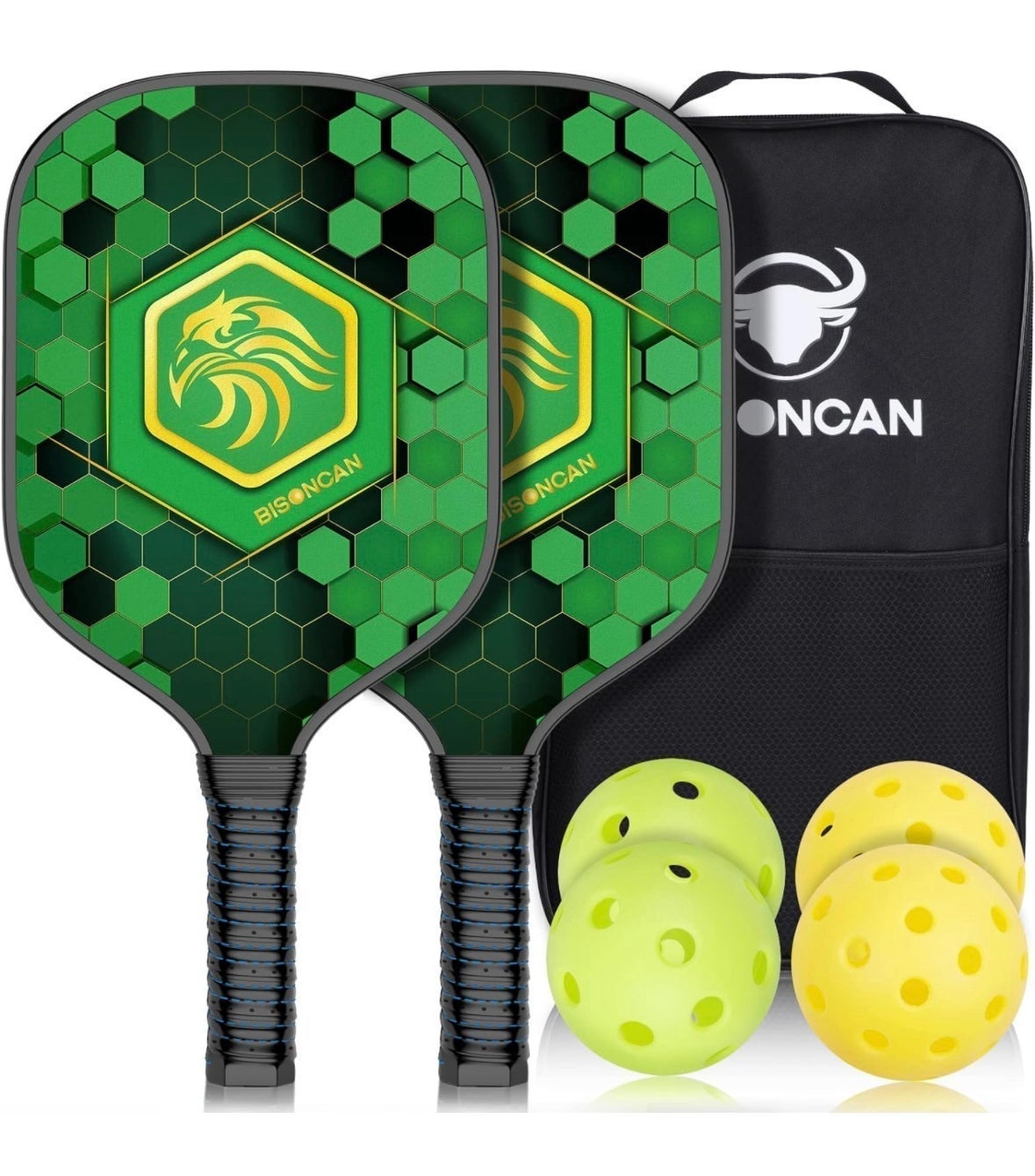 BISONCAN Pickleball Paddles - Pickleball Balls Set with 2 Fiberglass Paddles