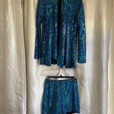 Turquoise Sequin Matching Three Piece Set Cardigan Blazer Shorts & Belt Sash