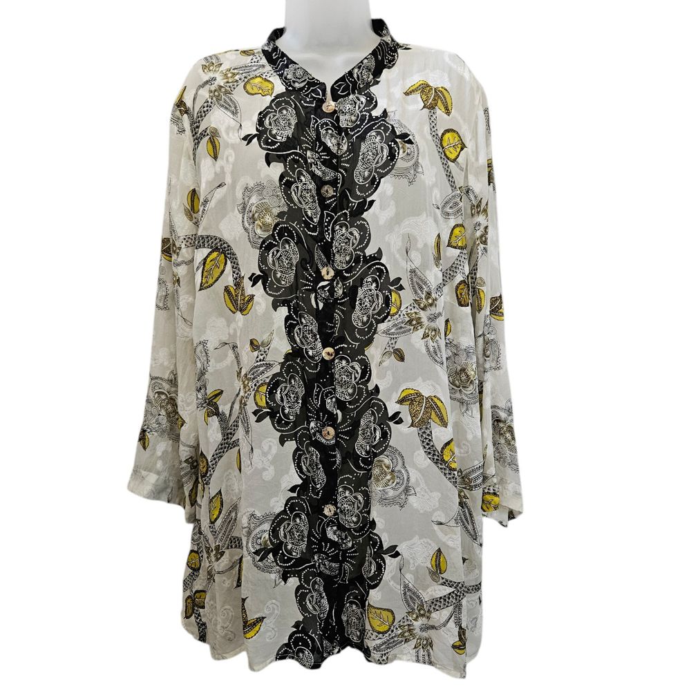 Citron Top Plus 3X Mandarin Tunic Sheer White Floral Silk Button Up Artsy Lagen