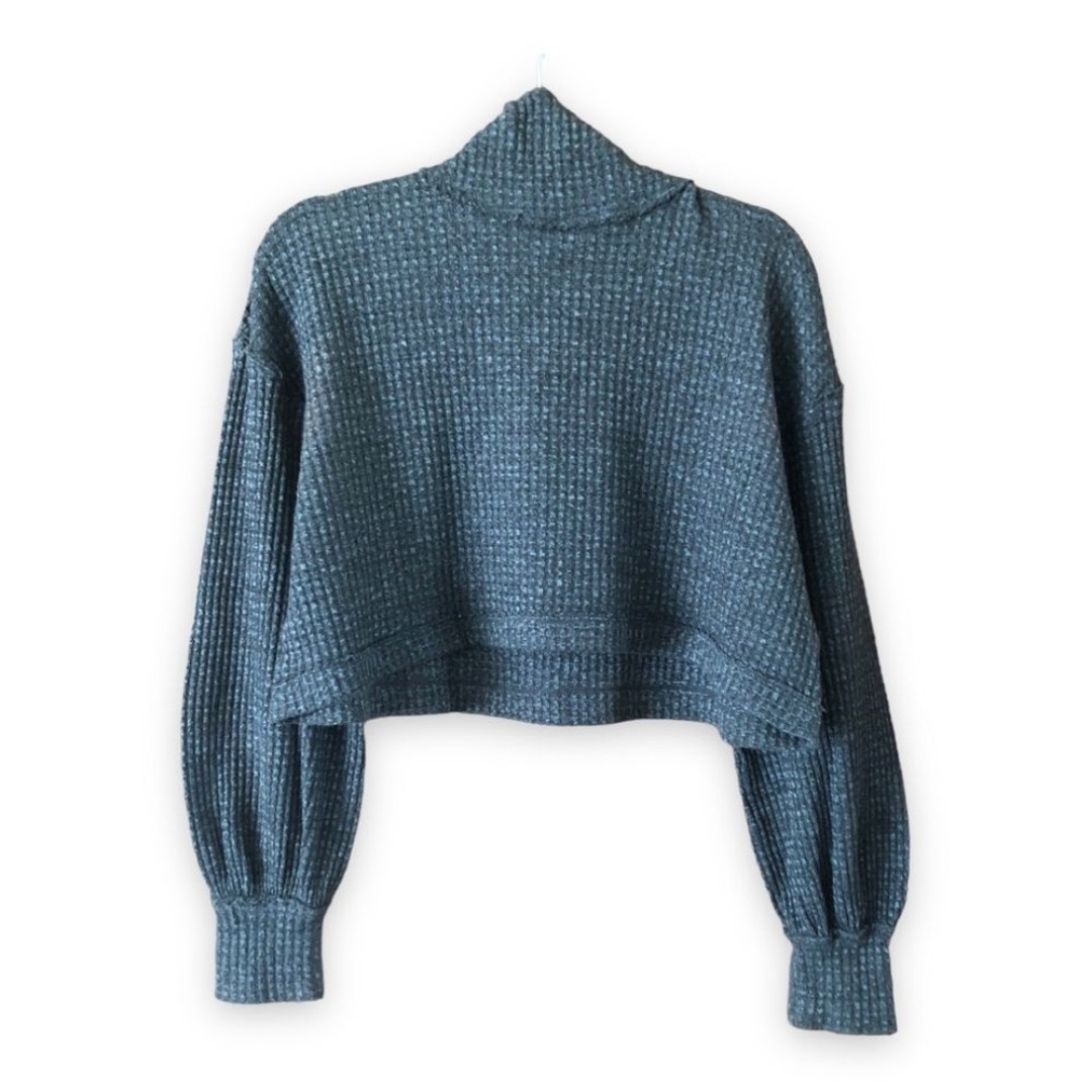 Free People BK Cropped Turtleneck Thermal Waffle Knit Balloon Sleeve Gray Small