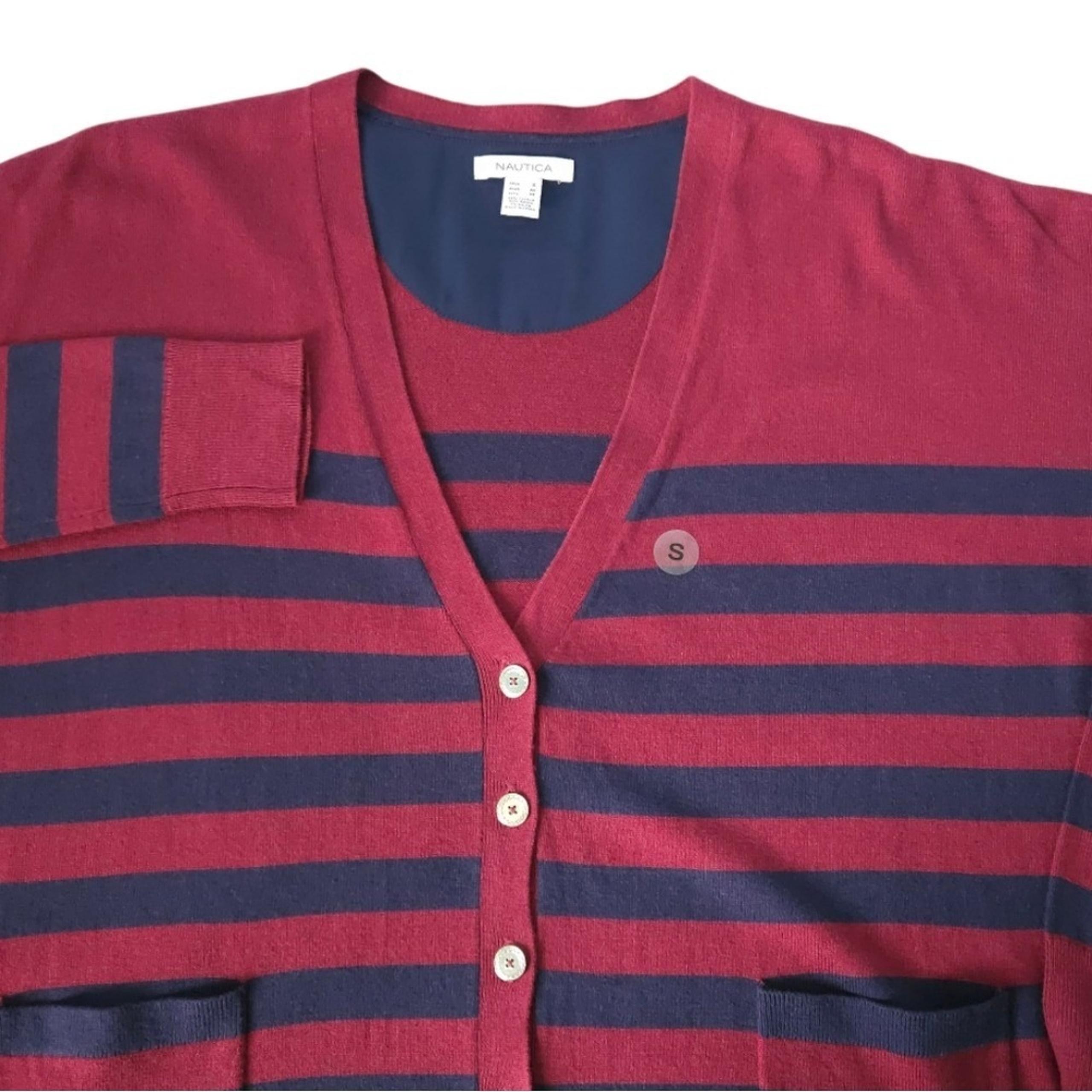 Nautica Striped Cardigan Sweater Womens S Burgundy Navy Button Front Knit Preppy