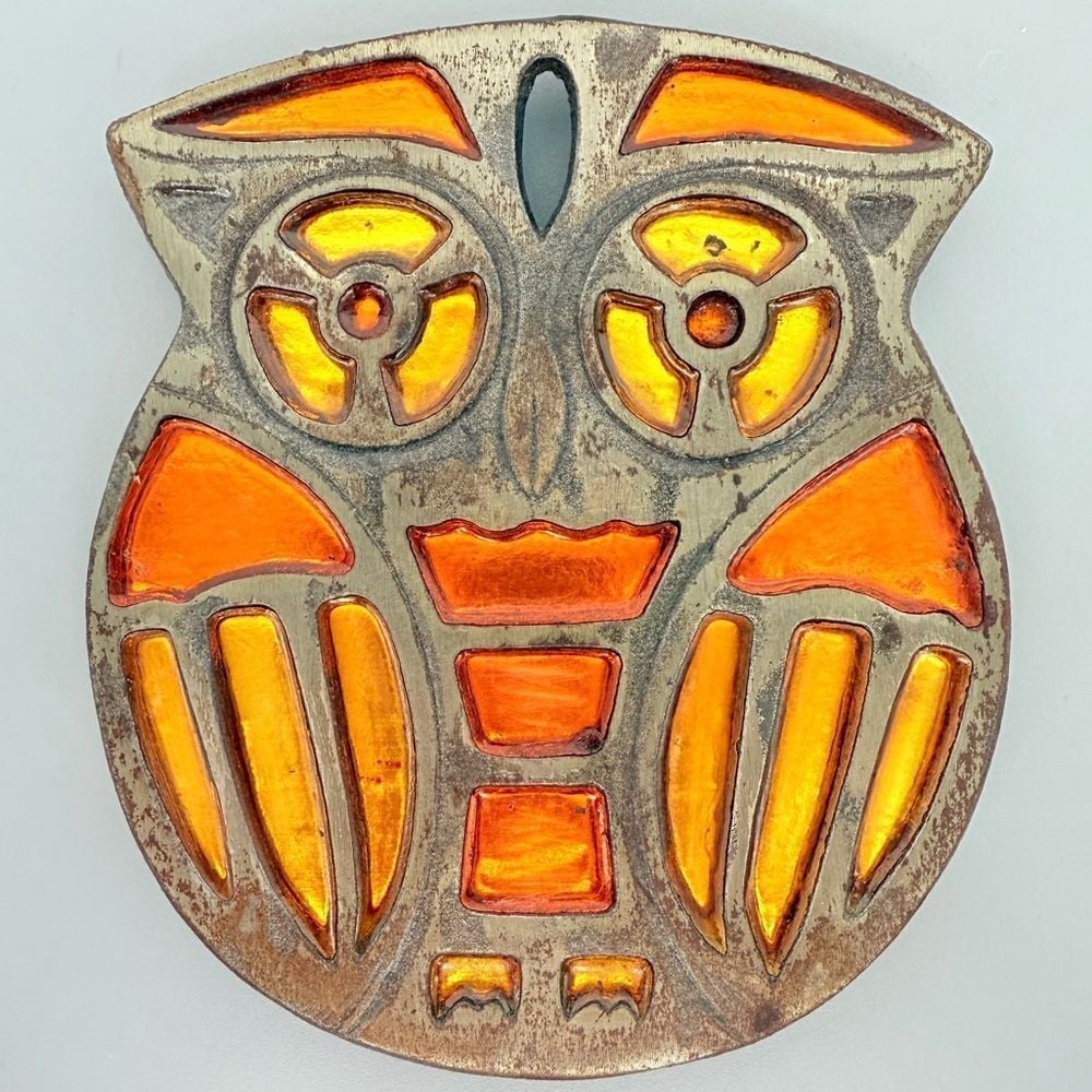 Owl Counterpoint Trivet Cast Iron with Orange and Gold Filled Resin
