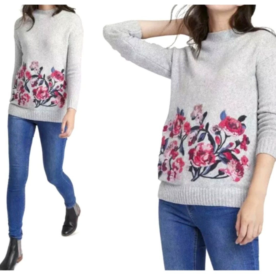 Joules Penny Floral Embroidered Knit Sweater Gray Marl Crewneck Women's Size 2