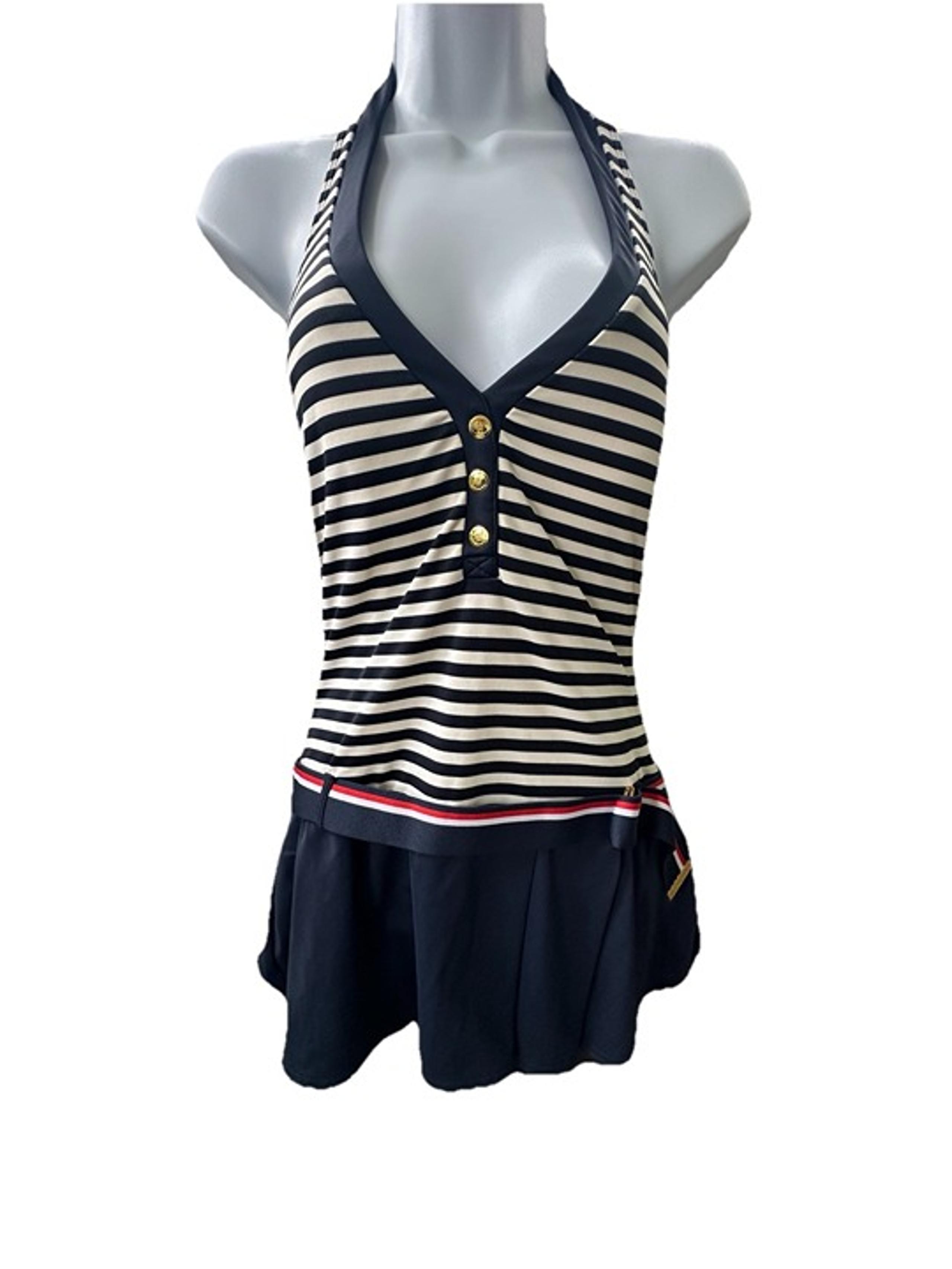 Tommy Hilfiger One-Piece Swimsuit Skirt & Belt Sz 12 Navy White Nautical Stripe
