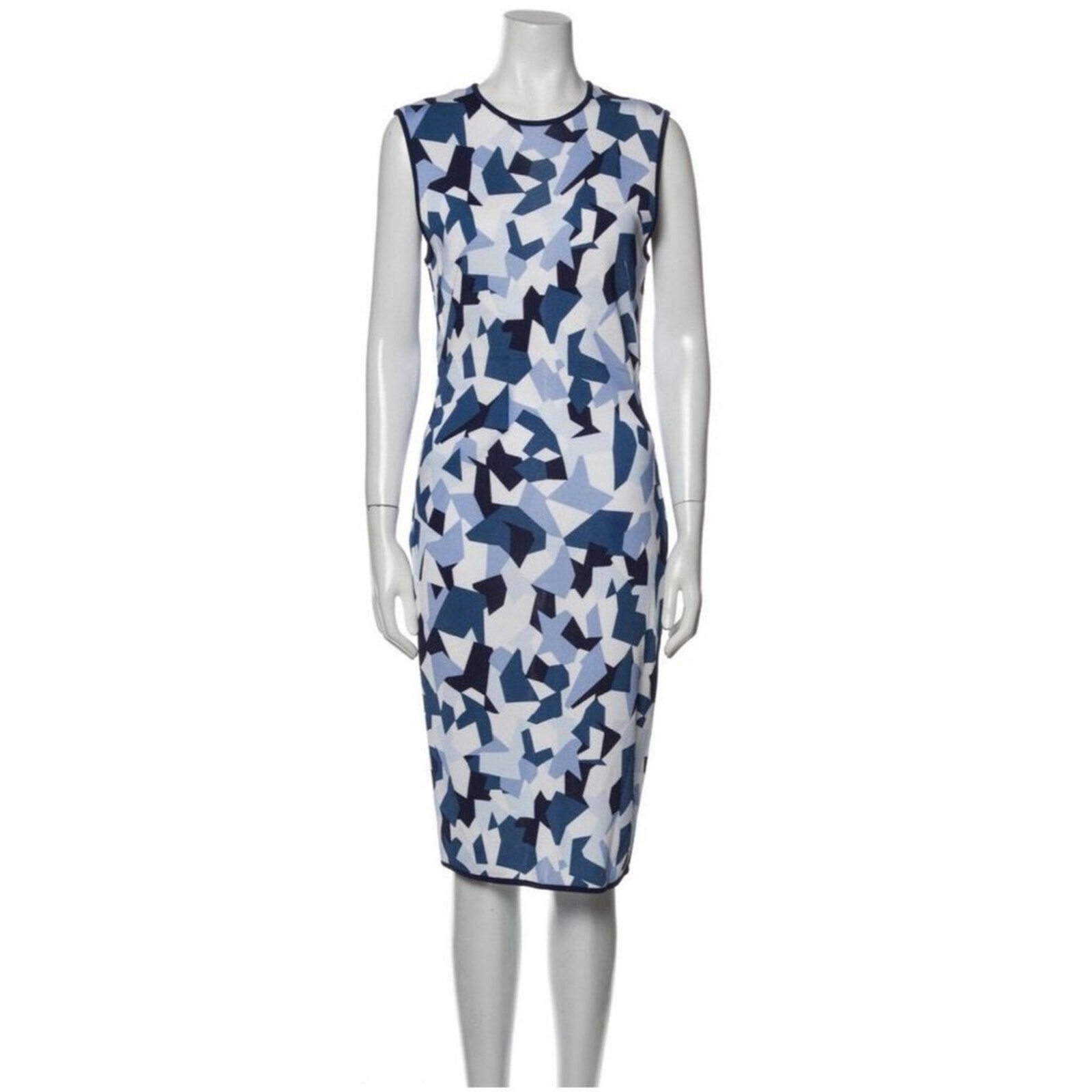 GIVENCHY Geometric Pencil Dress Blue Navy White Knit Stretch Size M Sleeveless