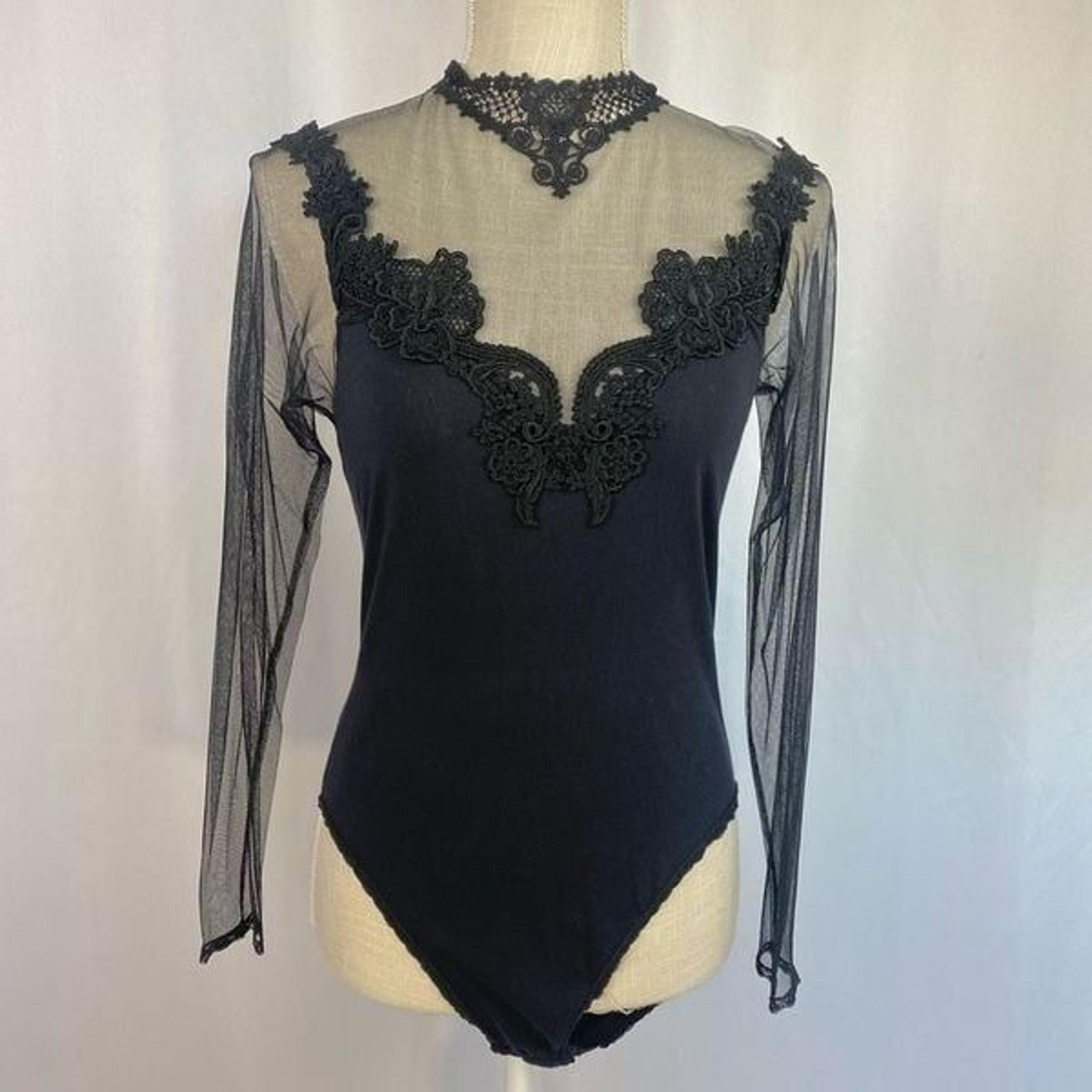 90s Y2K Hanky Panky Cotton Bodysuit Lace Mock Neck Black Womens Medium