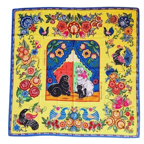 NWT Russian Country Folk Art Cat Family Floral Silk Blend Rushkina Square Scarf