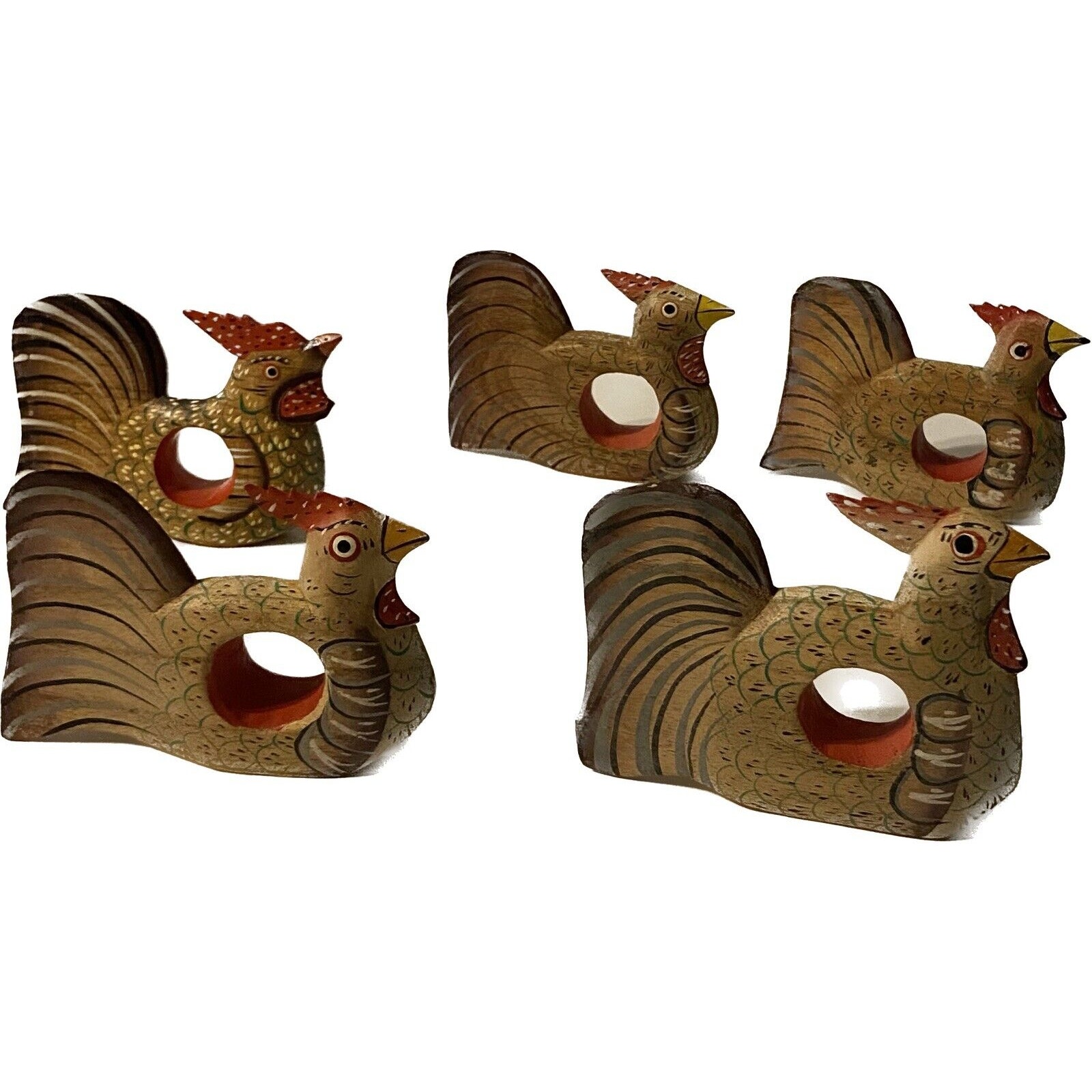 Set of 6 Napkin Rings Carved Wooden Rooster Bird ChickenPainted Detail Farmhouse