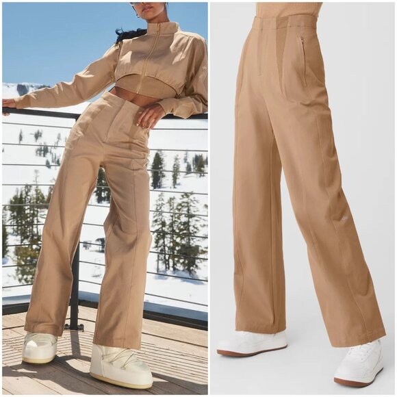 ALO High-Waist On Point Moto Trouser Pants Toasted Almond Beige size S Relaxed