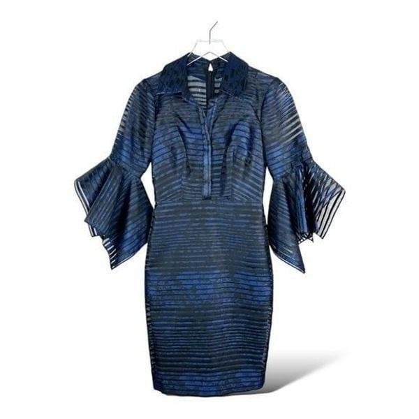 Badgley Mischka Blue Black Sheer Striped Trumpet-Sleeve Cocktail Evening Dress 0