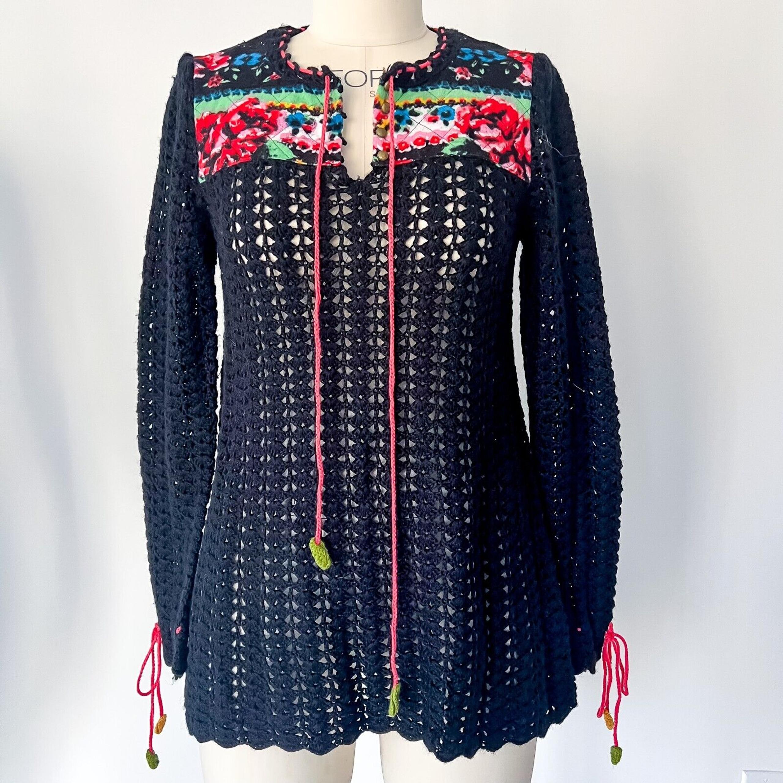 Free People Women Small Black Crochet Sweater Tunic Wool Boho Floral Hippie