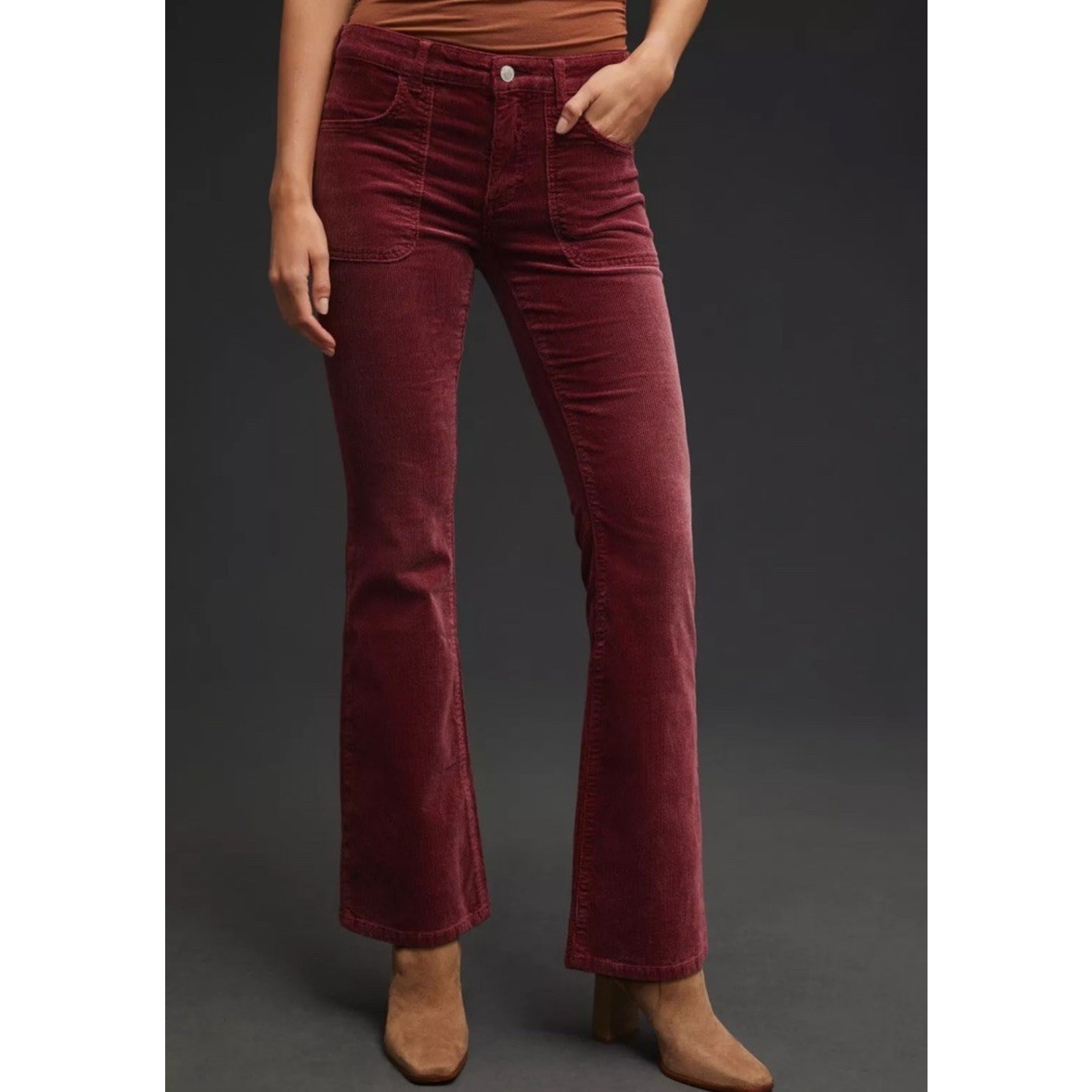 Anthropologie Pilcro 30 Petite The Icon Corduroy Flare Jeans Mid Rise Wine Y2K