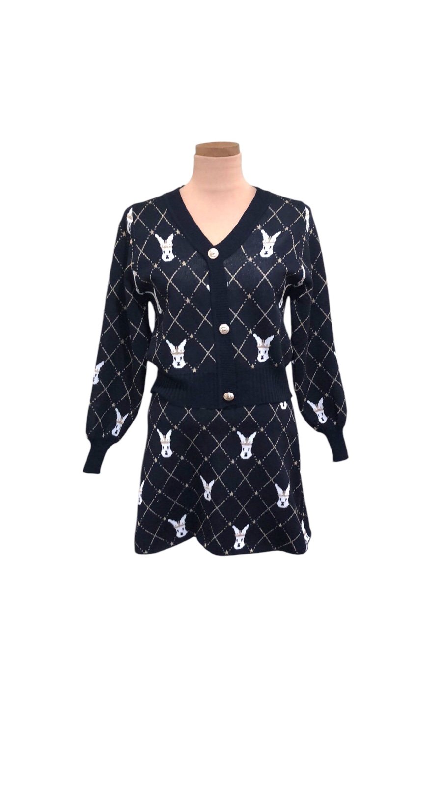 NWOT Cider Sweater Skirt Set Size Medium Midnight Navy Blue Gold Bunny Rabbit
