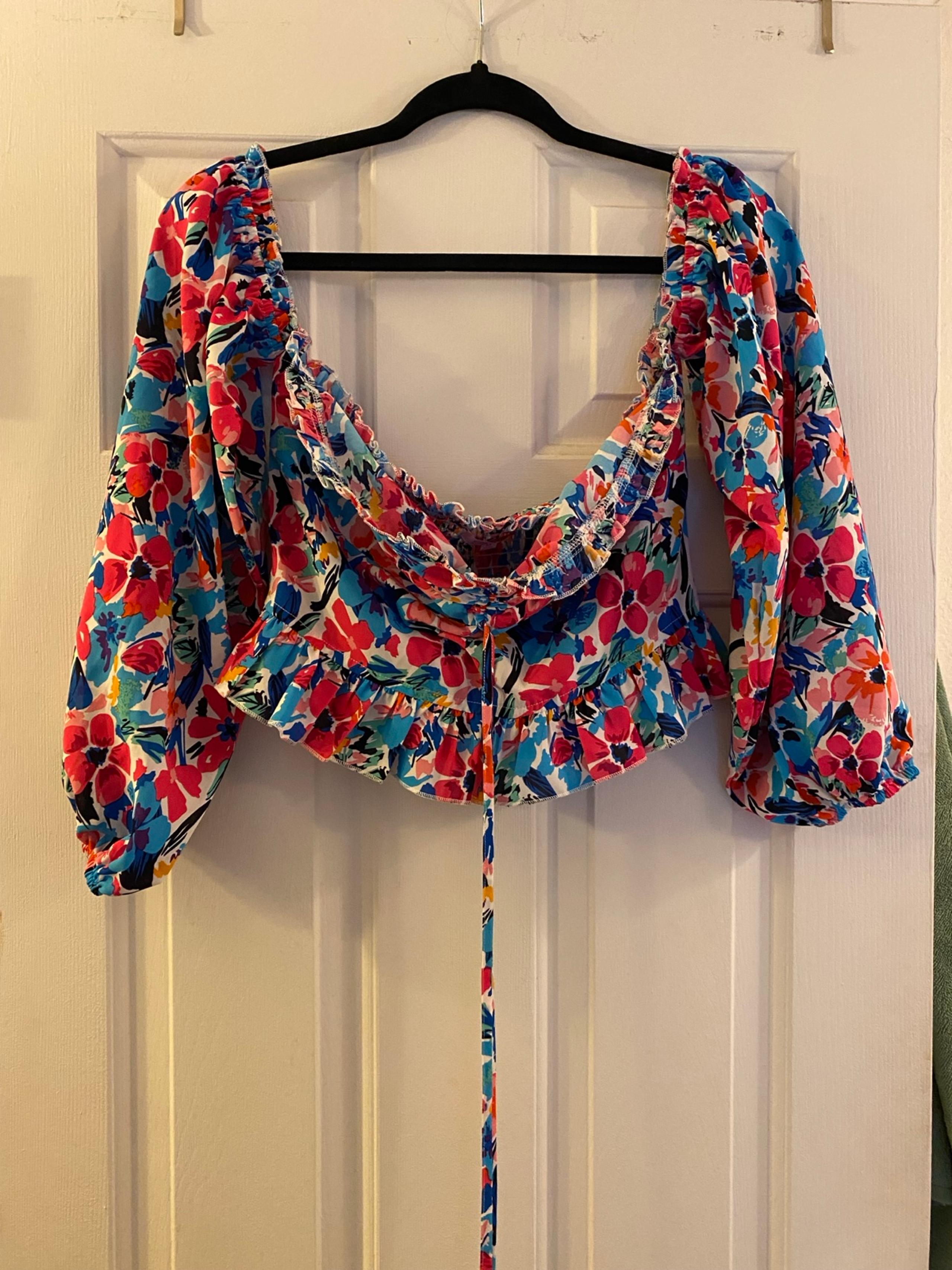 Pink Lily Sonic Bloom Blue and Pink Floral Off Shoulder Long Sleeve Crop Top