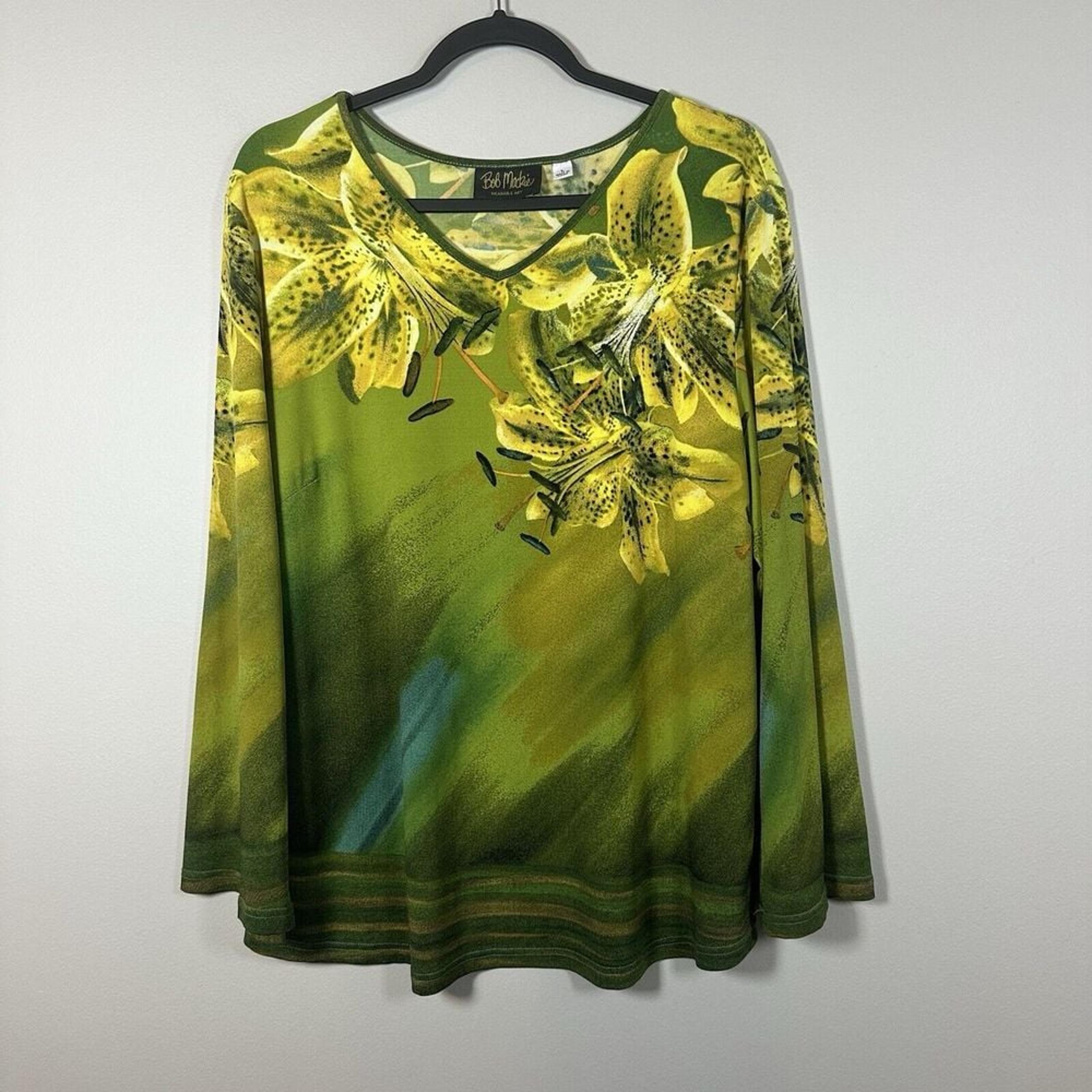 Bob Mackie Large Green Yellow Floral Long Sleeve Tunic Top