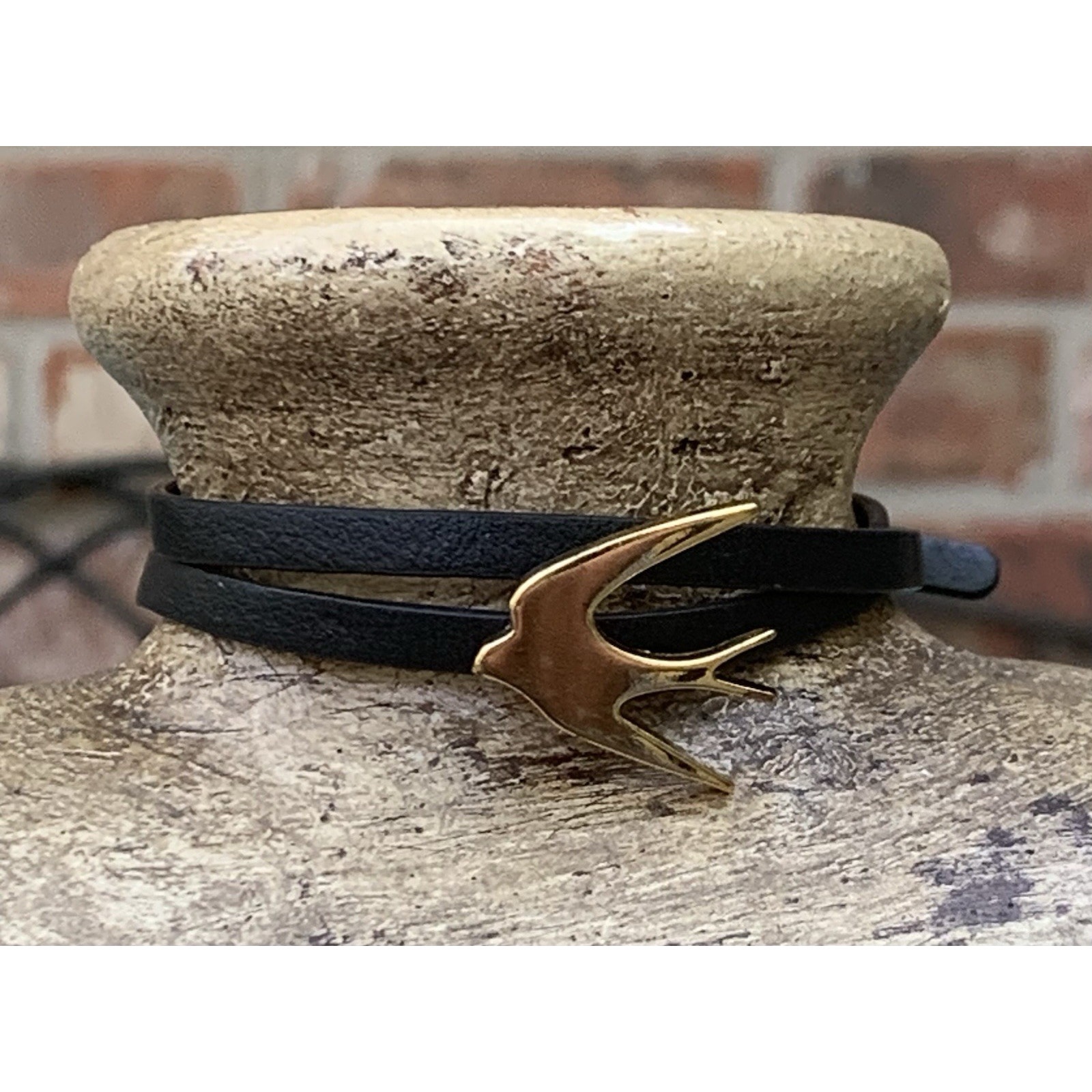 Two Alexander McQueen Black Leather Mini Wrap Gold Swallow Bracelets