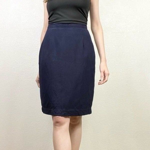Halston Navy Blue Textured Silk Pencil Skirt