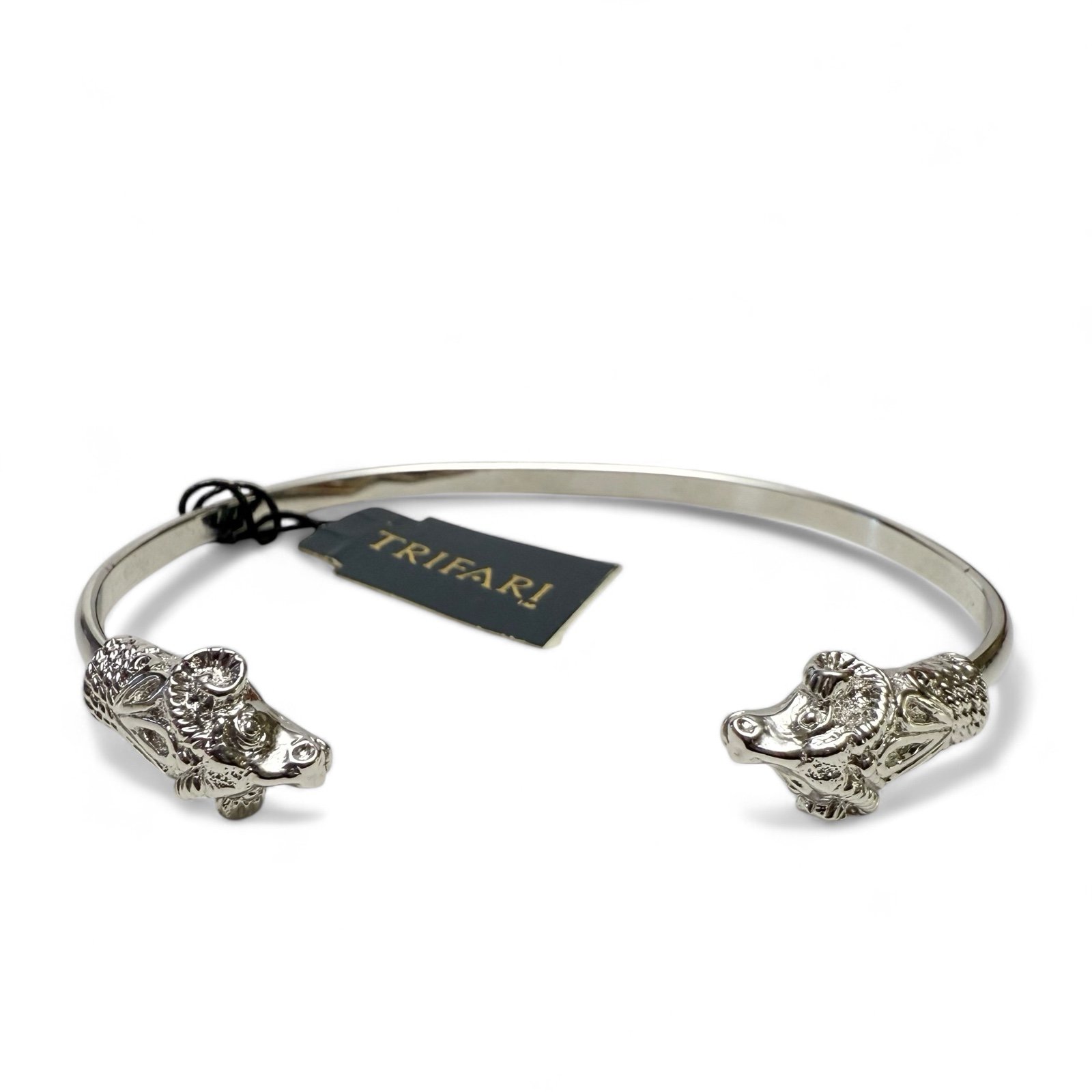 Vintage Trifari Polished Silvertone Double Rams Head Cuff Bracelet NEW