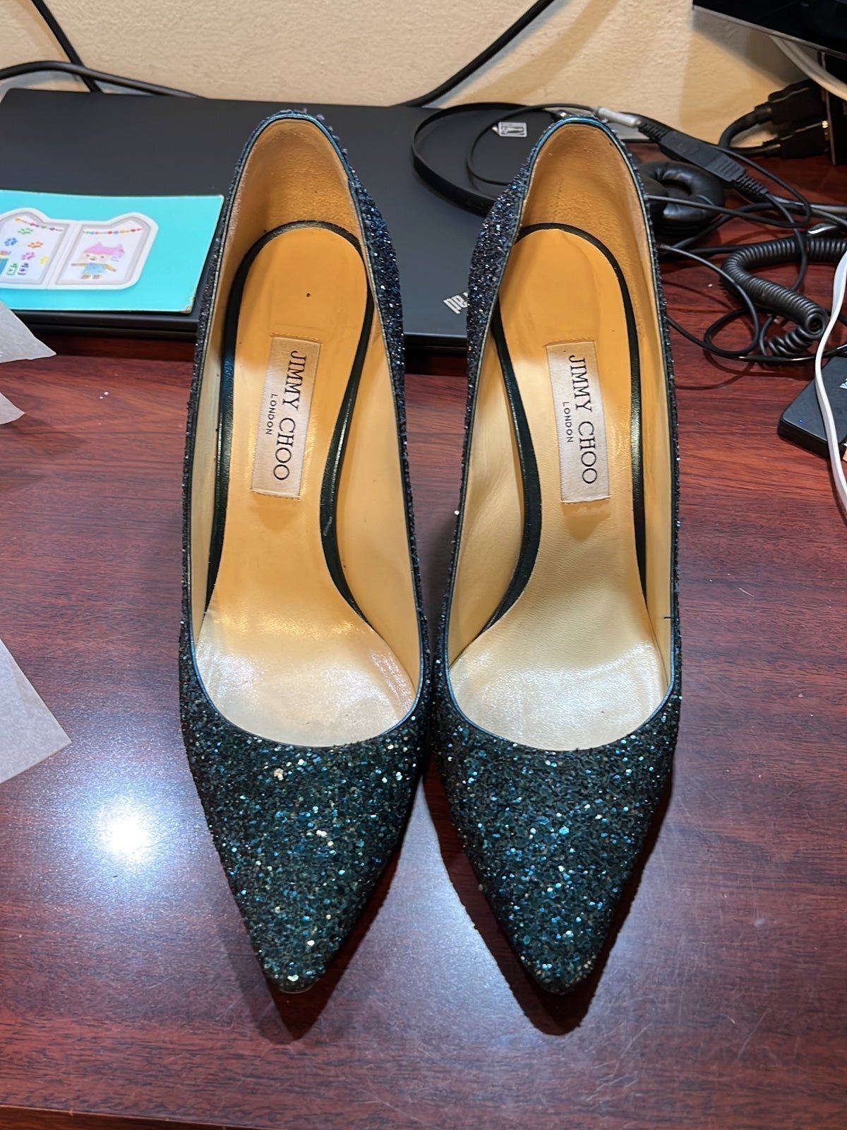 AUTHENTICATED: Jimmy Choo Peacock/Navy Romy high heels