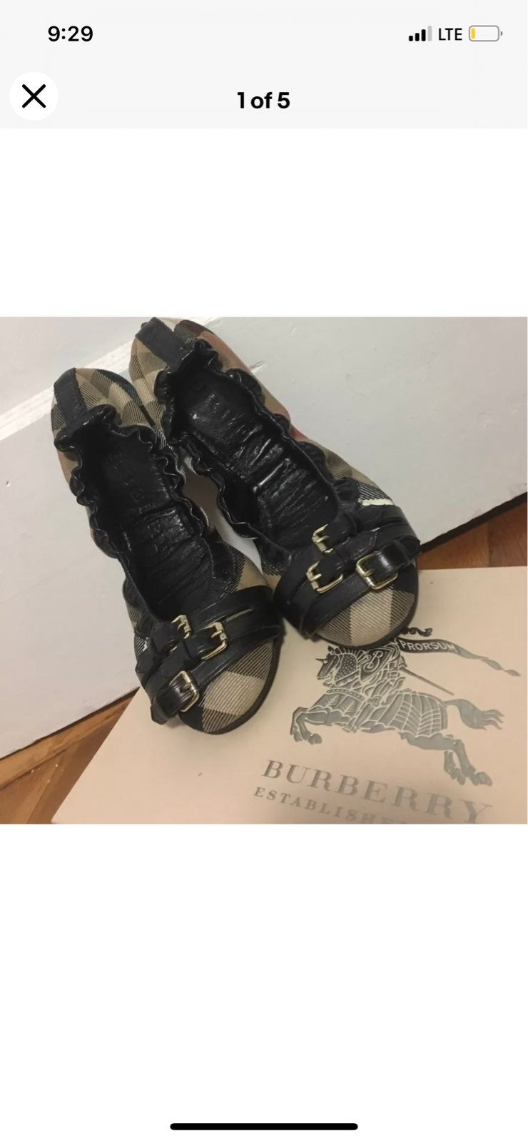 Authentic Burberry Ballerina Flats Black Belt Buckles Plaid Checks