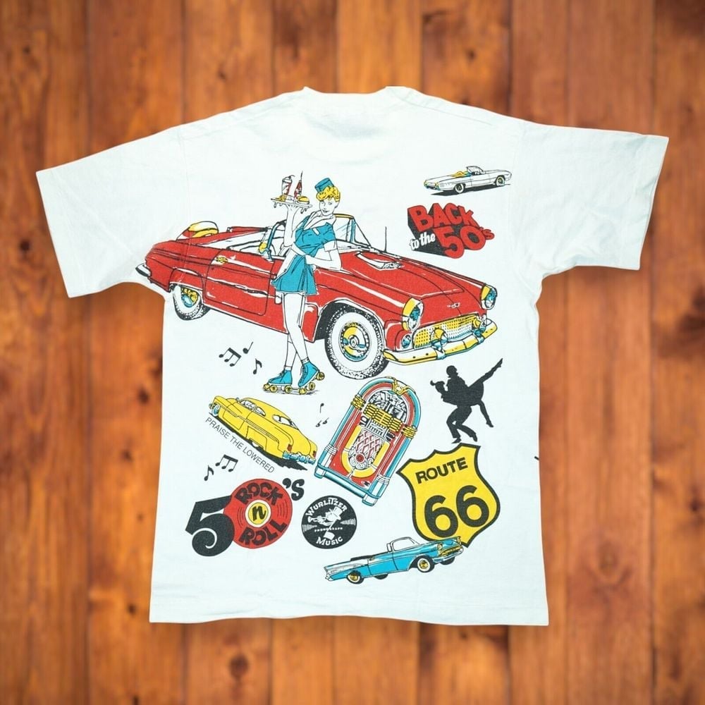 Vintage Beach Boys Cruisin T Shirt USA Mens Large Allover Print Back to 50s