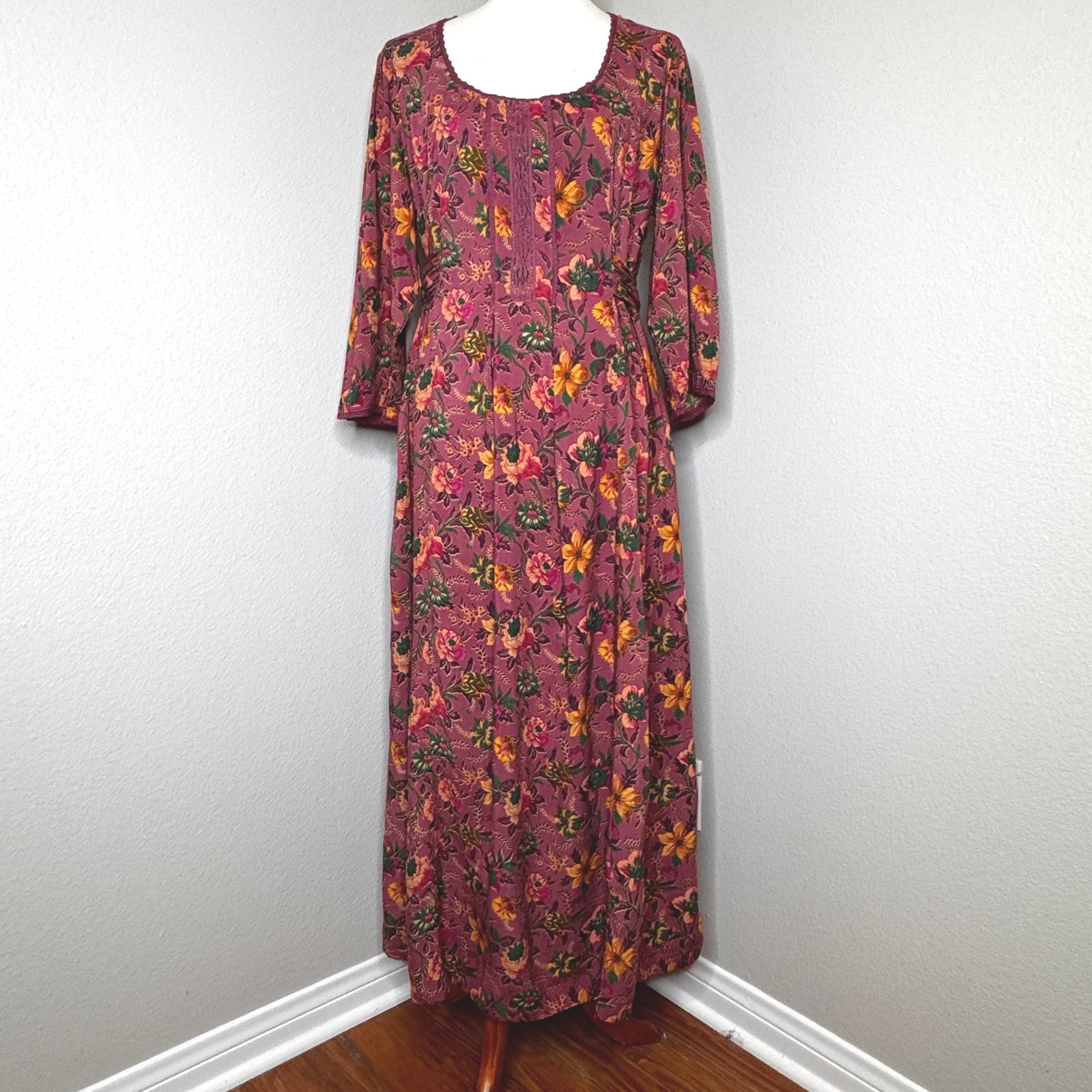NEW! APRIL CORNELL Maxi Dress LG 3/4 Pink Floral Sleeve Back Tie Cottage Core