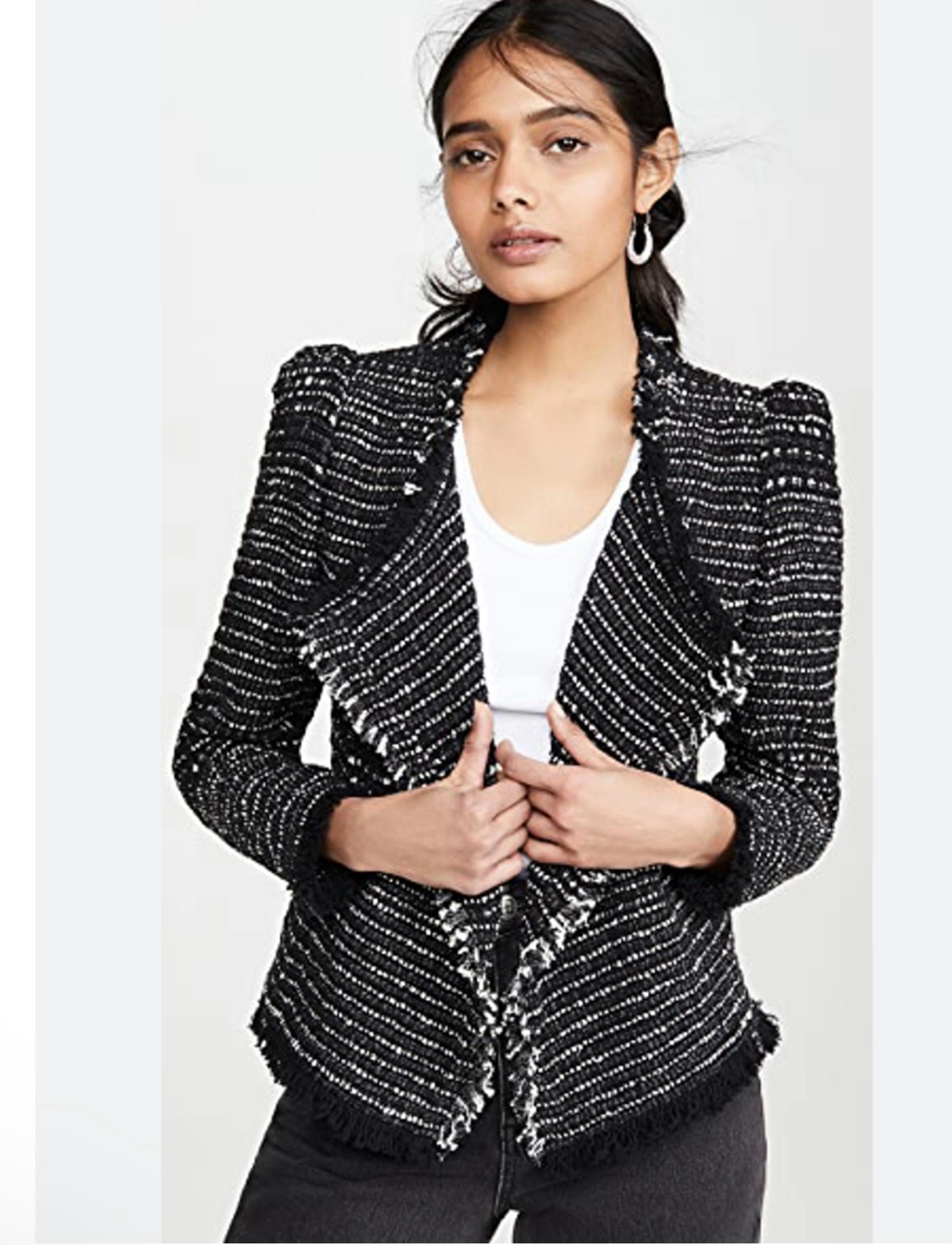 New IRO Diana Black Tweed Puff Sleeve Open Jacket Size 38/US  6