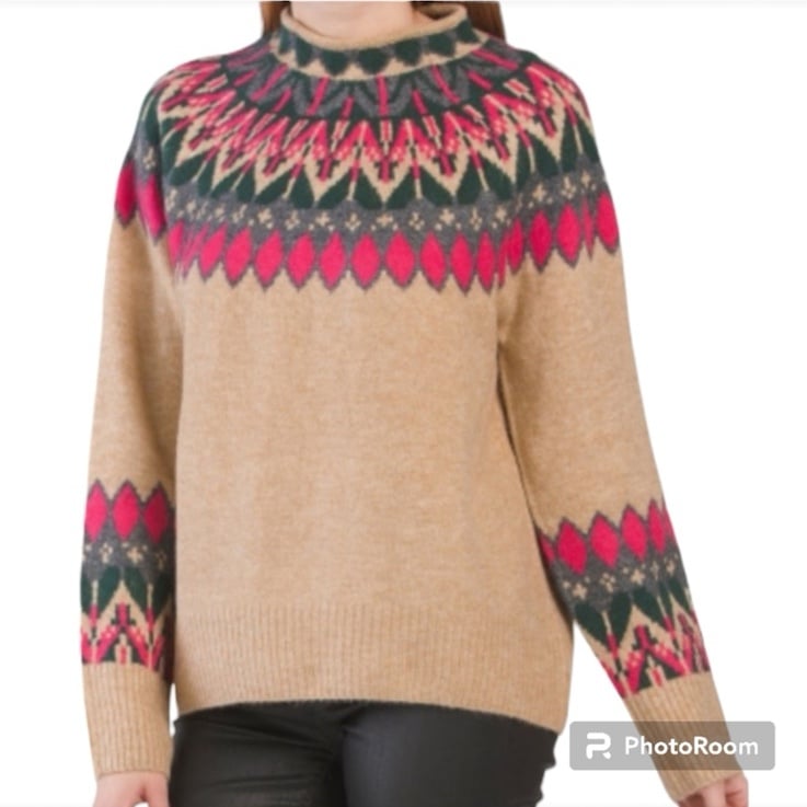 VINCE CAMUTO Fair Isle Mock Neck Sweater Tan Gray Pink Green S Small NWOT 75