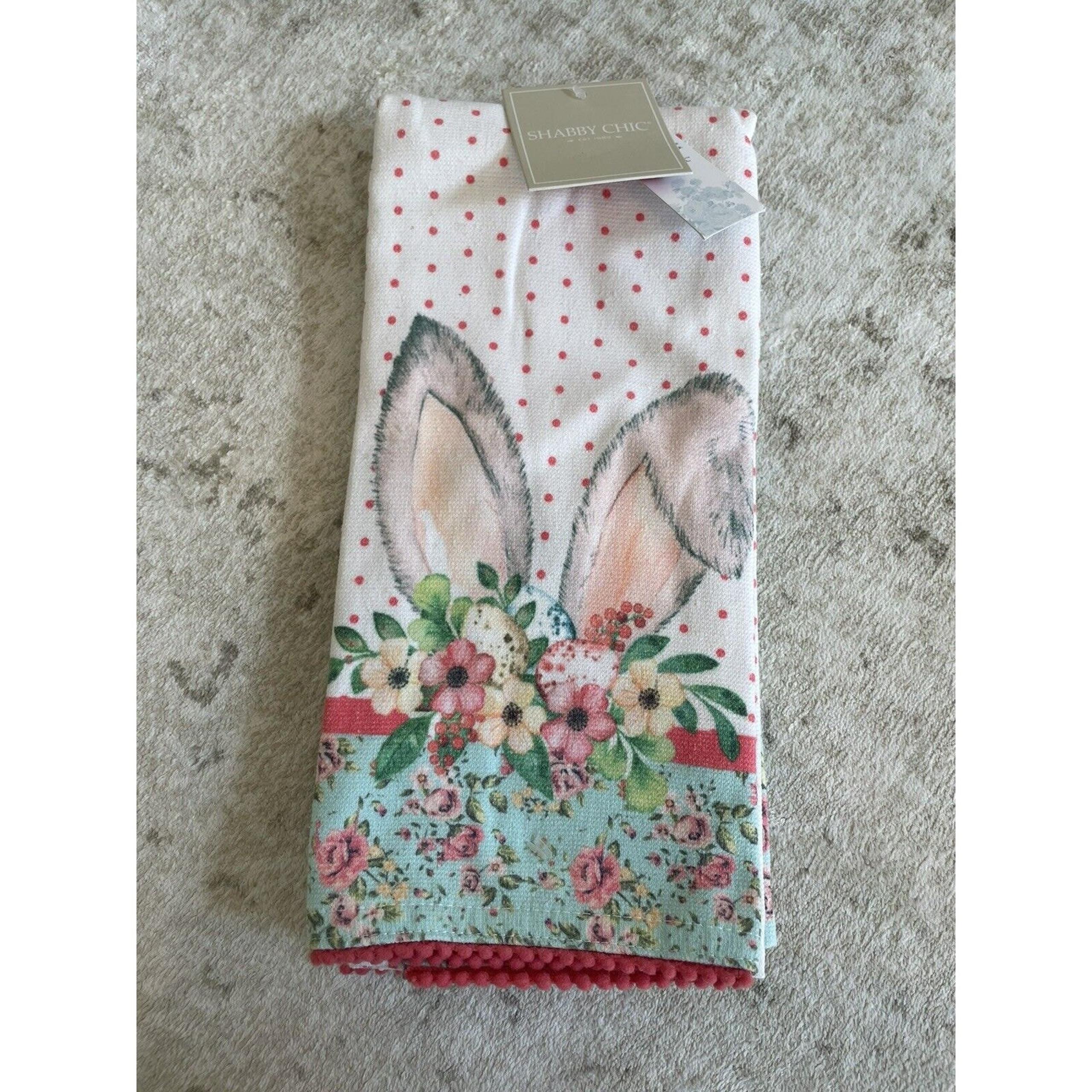 Shabby Chic Set Of 2 Easter Spring Floral Kitchen Towels Bunny Ears Cotton NWT