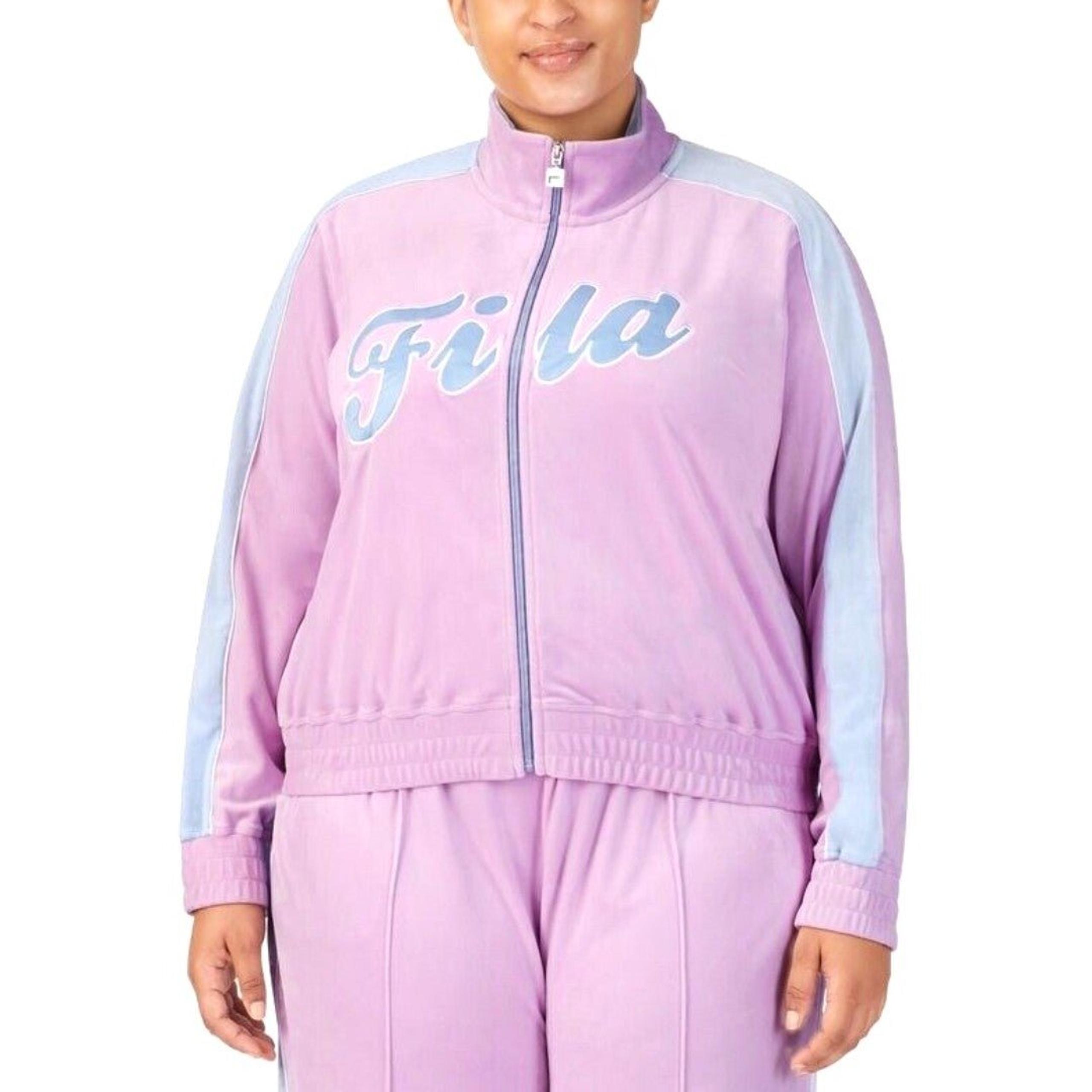 Fila Women's Valery Logo Zip Front Velour Jacket Pants Track Suit Pink 1X