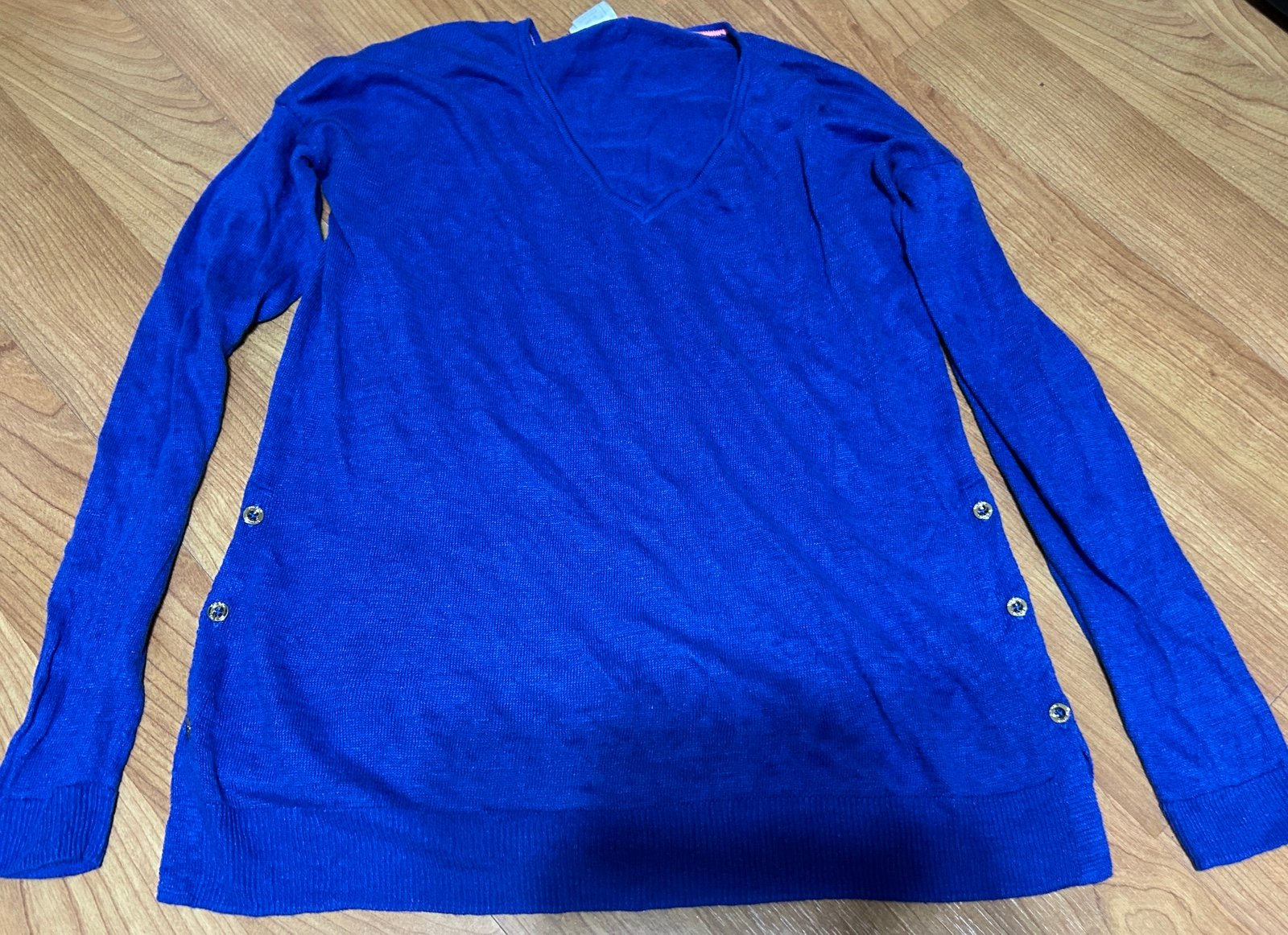 Lilly Pulitzer Liesel Blue Linen Pullover Sweater Gold Buttons Size Small Vneck