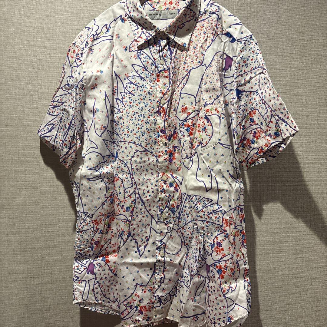 ETRO Bird and Flower Print Cotton Short Sleeve Shirt Size L