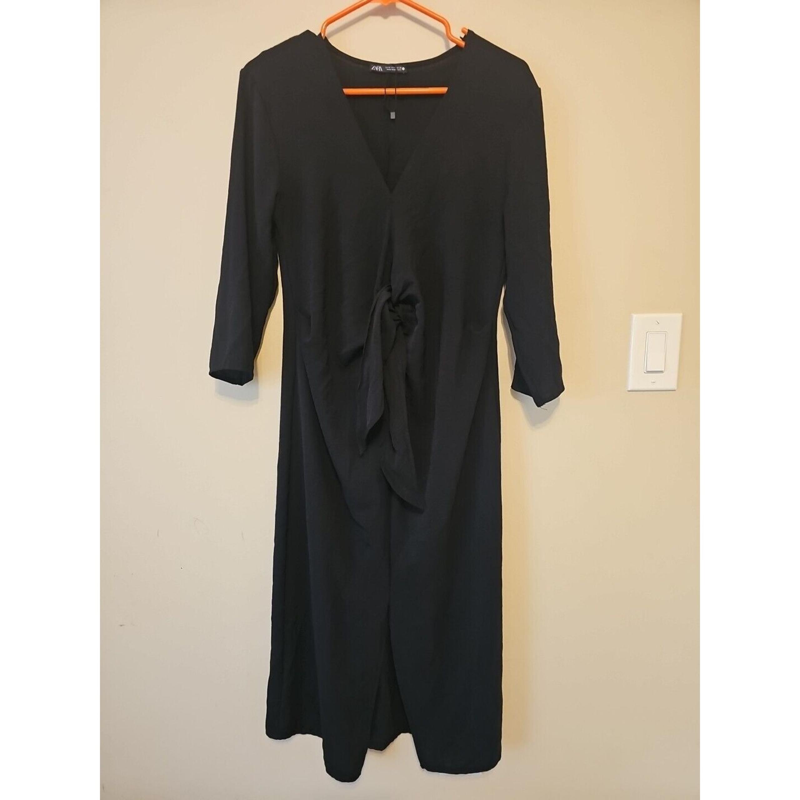 ZARA Womens Knotted Fluid MIDI Dress Black Size Medium 3/4 Sleeve Front Slit