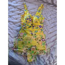 Vtg 50s 60s Peter Pan Swimwear 1 Piece Swimsuit Yellow Floral Built In Bra XS/S
