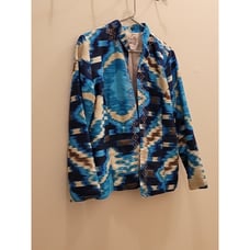 Chicos 1 Blue Beige Embroidered Open Front Long Sleeve Lined Jacket Womens