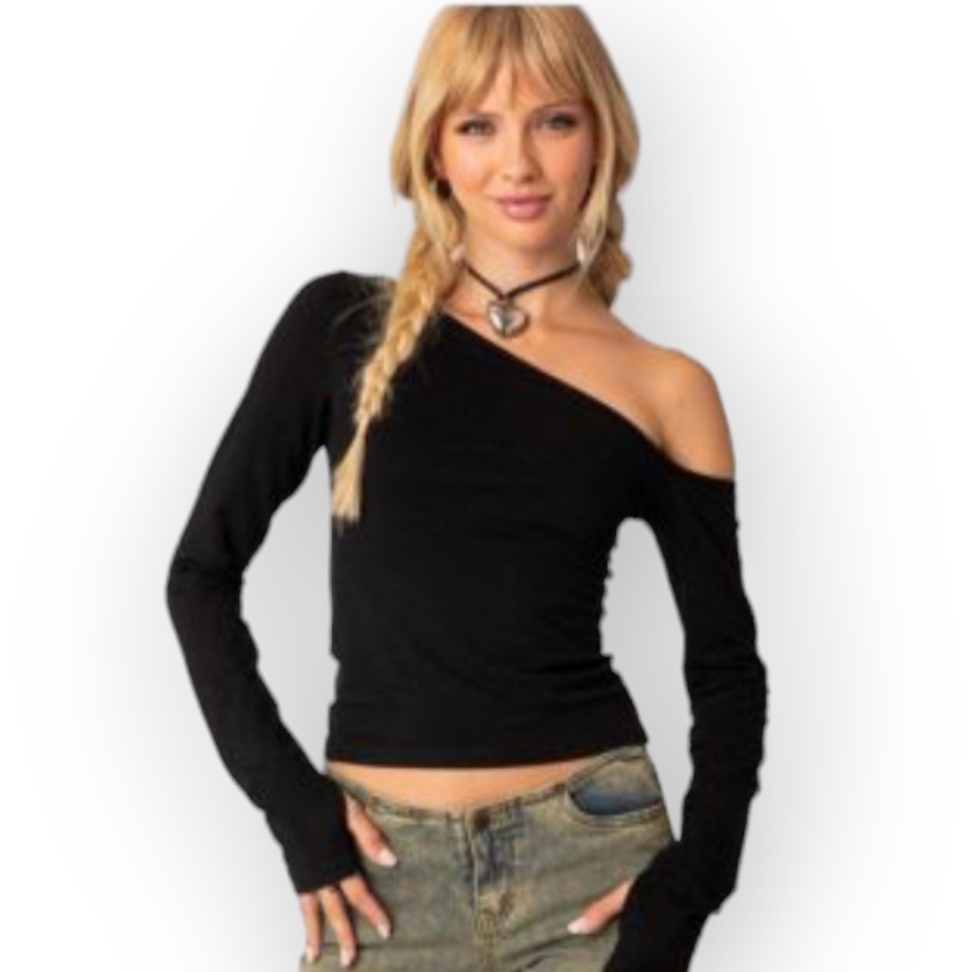 Kiragrace Black One Sleeve Top L Asymmetrical Modern Chic Soft Elegant Statement
