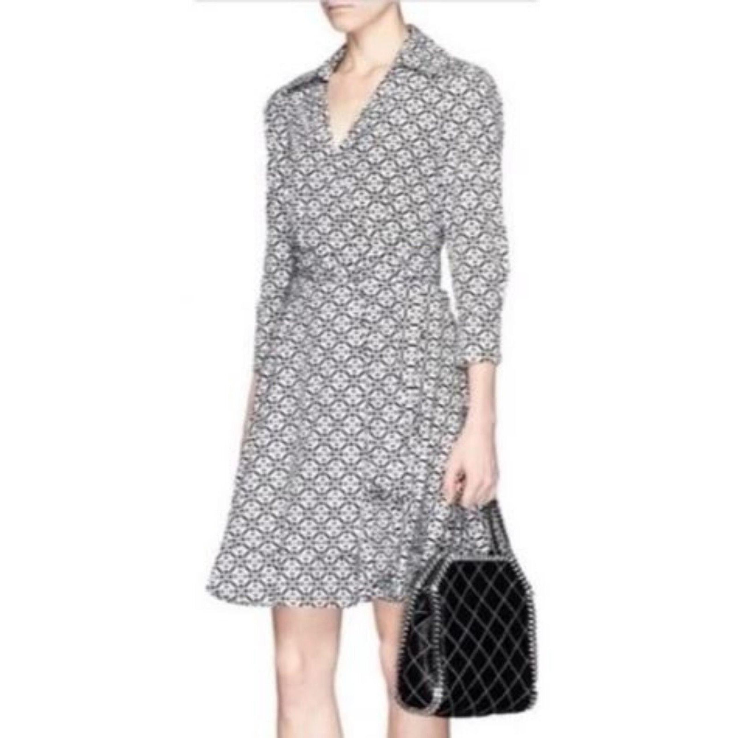 Diane Von Furstenberg Jadrian Printed Cotton Wrap Dress Black White Size 6