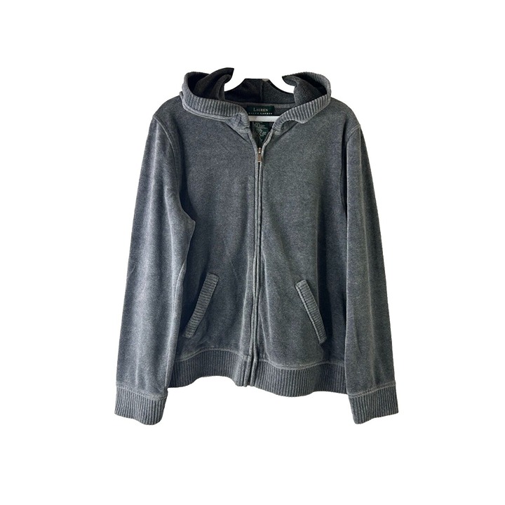 Vintage 90s Lauren Ralph Lauren Womens Medium Velour Hooded Track Jacket Gray