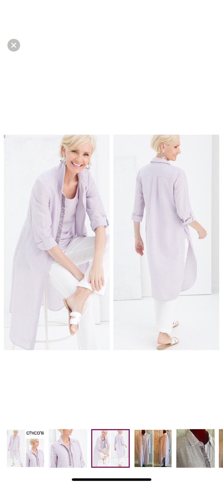 Chico's Linen Button Up Long tunic shirt / dress size 3 Purple Striped Jewels