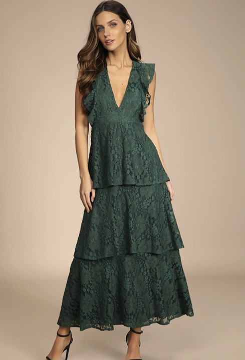 NWT Lulus Molinetto Forest Green Lace Ruffled Tiered Sleeveless Maxi Dress